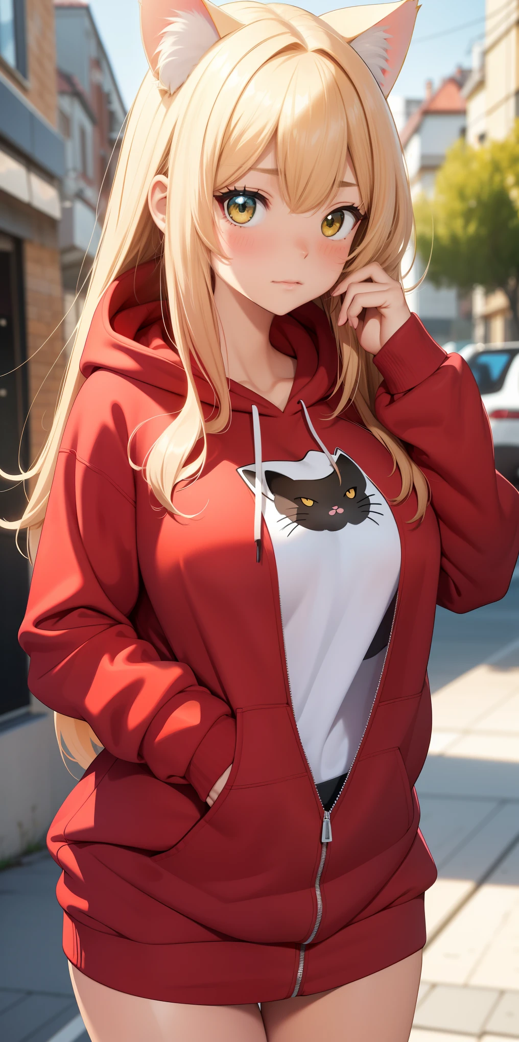 big breasts ((whaite hair)), ((straight hair)), ((1 cat girl)) shy, blush, Surrealism, 8k, Super Detail, extremely sexy body (((completely correct anatomy))), hyper HD, adolable, red hooded sweatshirt, flat chest, one hand gestures to the "in" shape, shy, blush