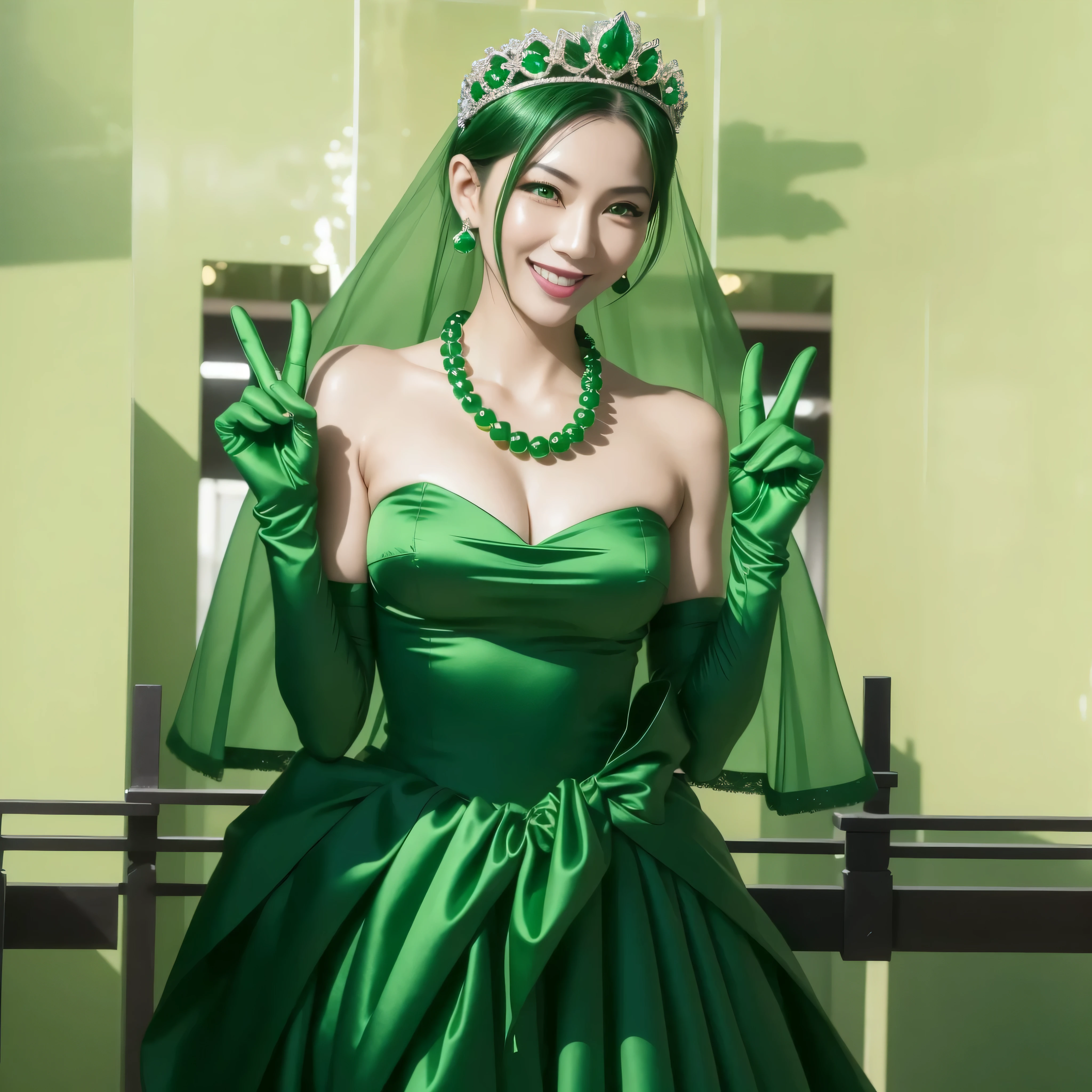 Beautiful Japan woman in her 30s， finger details， beautiful hands，emerald tiara, Green Pearl Necklace, Boyish green berry short hair, lipstick, smiling Japanese woman, very short hair, big breasts beautiful, green eyes, green satin long gloves, green eyes, emerald earrings, Green veil, v sign