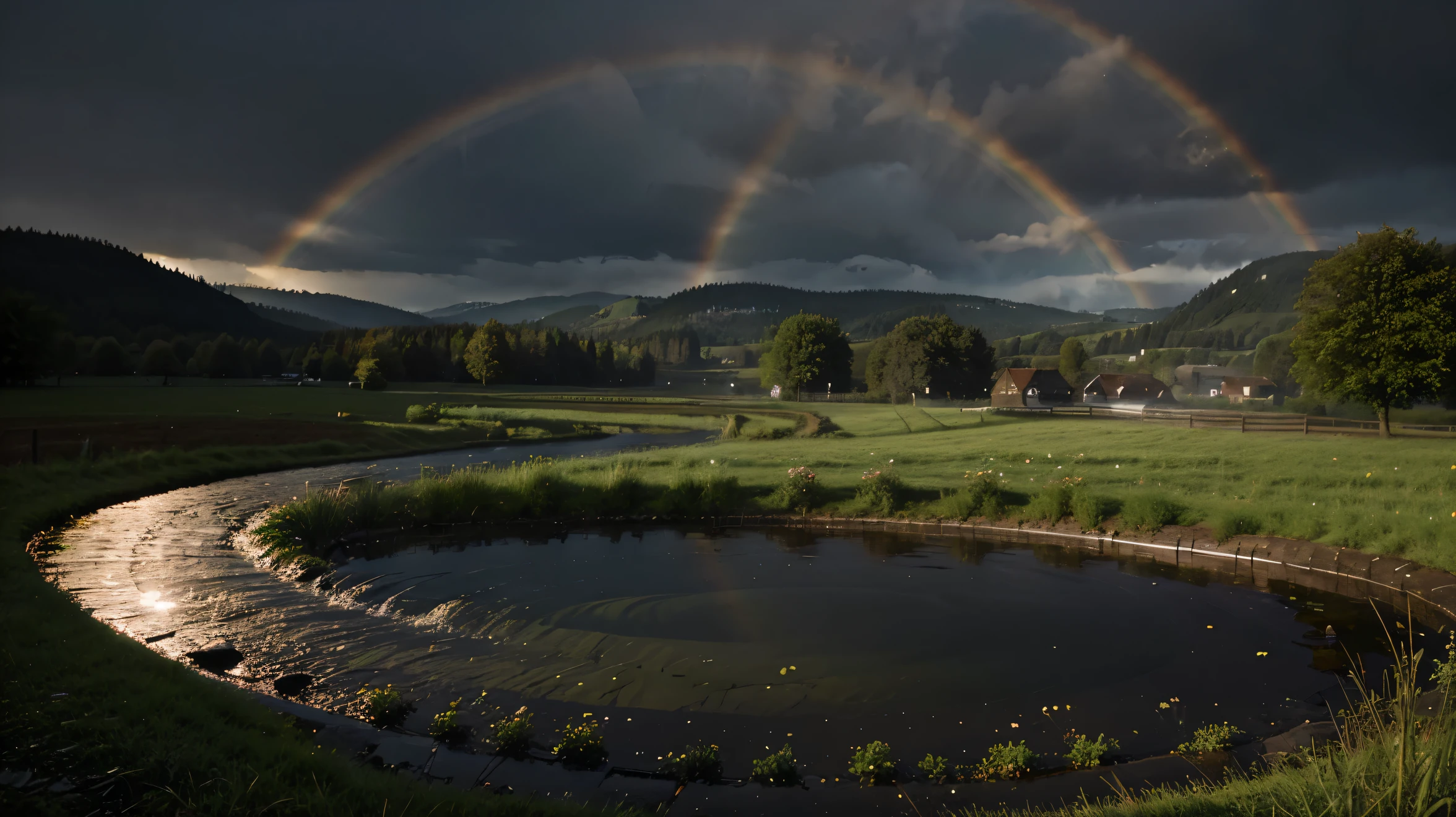 Kreiere ein Bild einer Landschaft, over which a shining rainbow stretches, while gentle raindrops bathe the surroundings in a magical light.