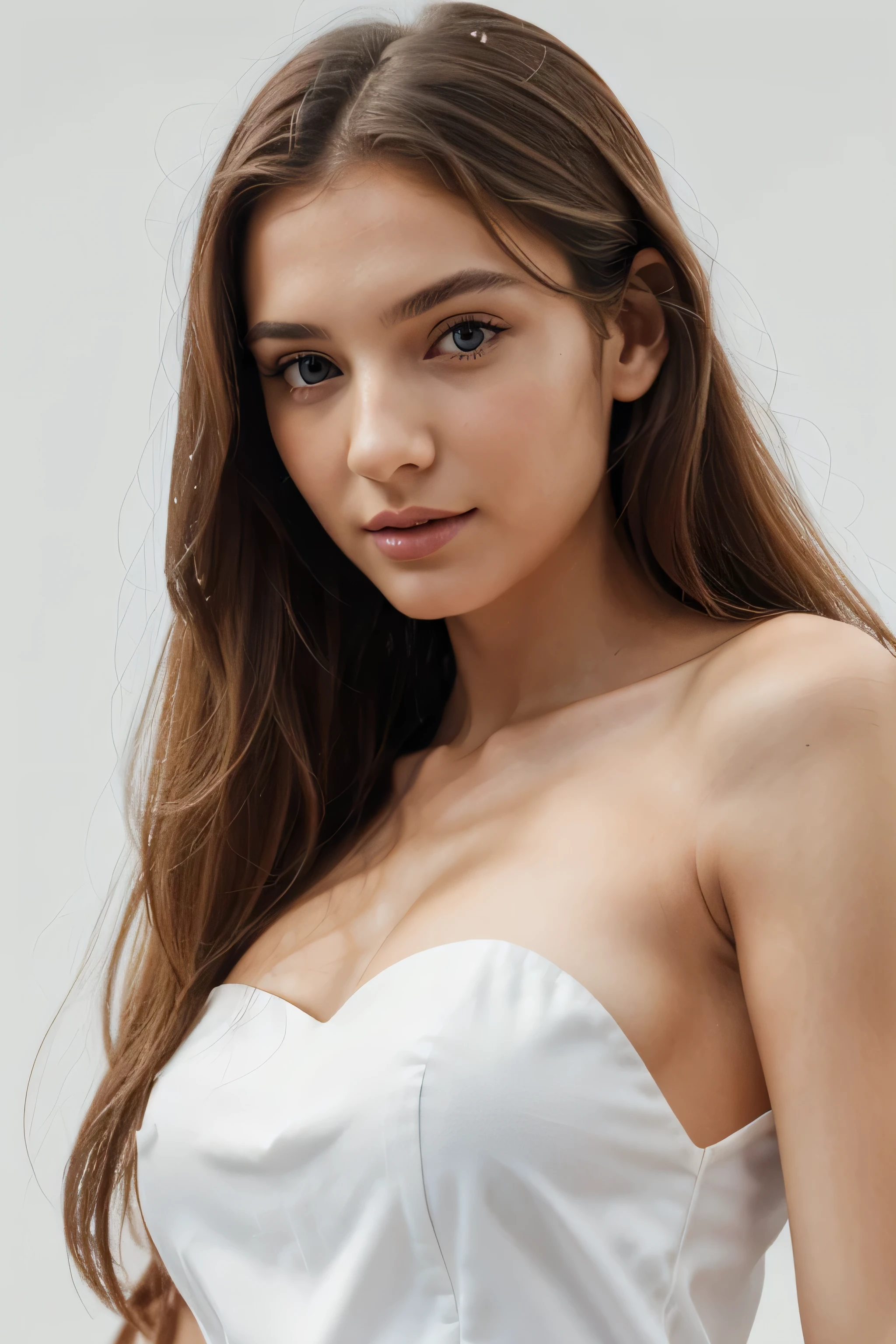 slim beautiful model with big nose, long fair hair, grey eyes in elegant white dress looking into the camera with white background full body