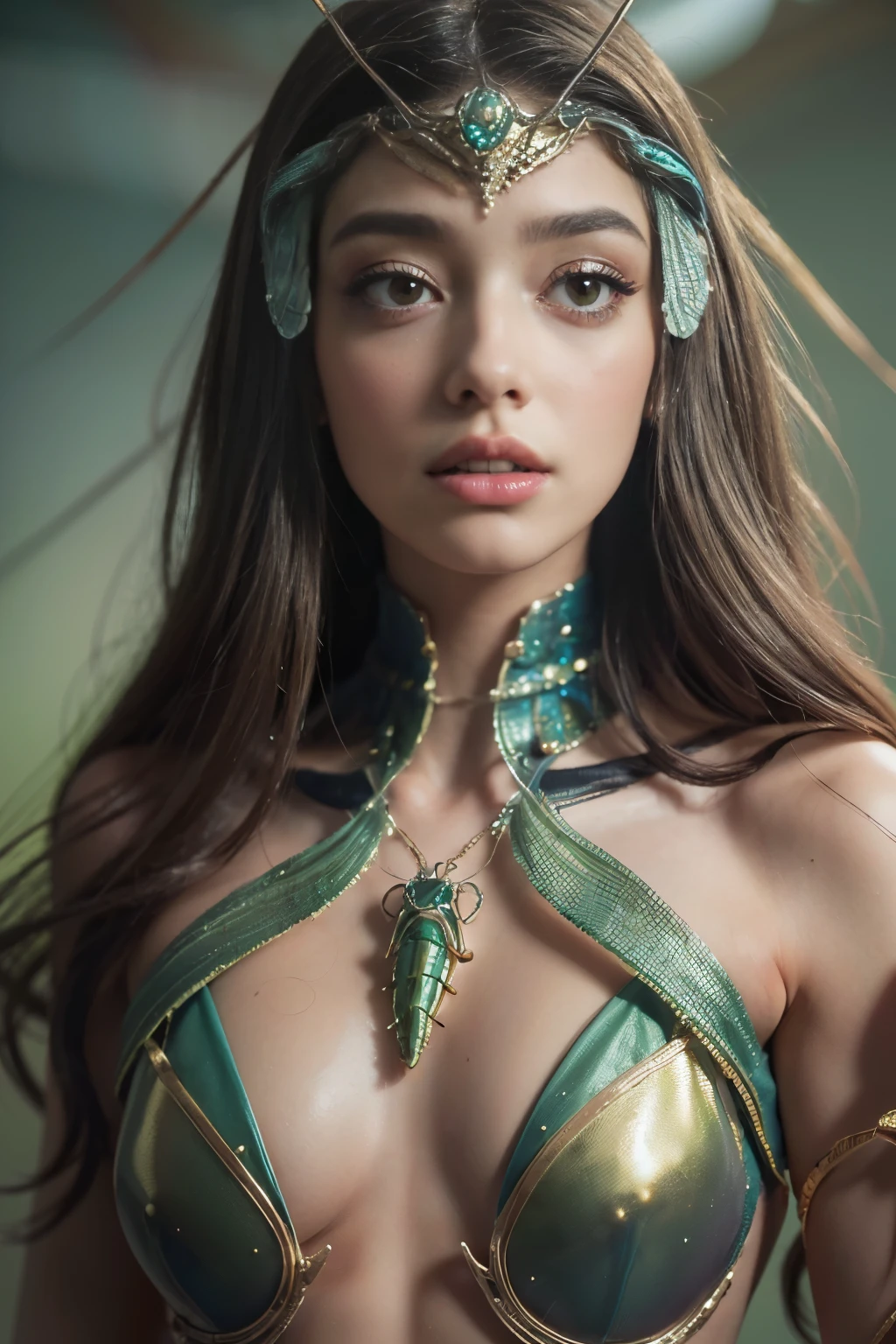 (best quality,4k,8k,highres,masterpiece:1.2),ultra-detailed,(photorealistic,photo-realistic:1.37), (A beautiful female phantom with compound eyes that look like the eyes of a praying mantis:1.5), futuristic, hi-tech, natural-looking skin, emerald-green compound eyes, exquisite, detailed face features, (piercing eyes, long eyelashes and sharp angles:1.3), sculptural facial structure, innovative fashion style, metallic, shimmering make-up, glowing eyeliner, ornate futuristic jewelry, elaborate headpiece, feathers and metallic elements, ethereal background with floating holographic particles, controlled lighting with soft highlights, bluish-green color scheme, otherworldly atmosphere. (NSFW:1.1), (toned body, small breast:1.5)