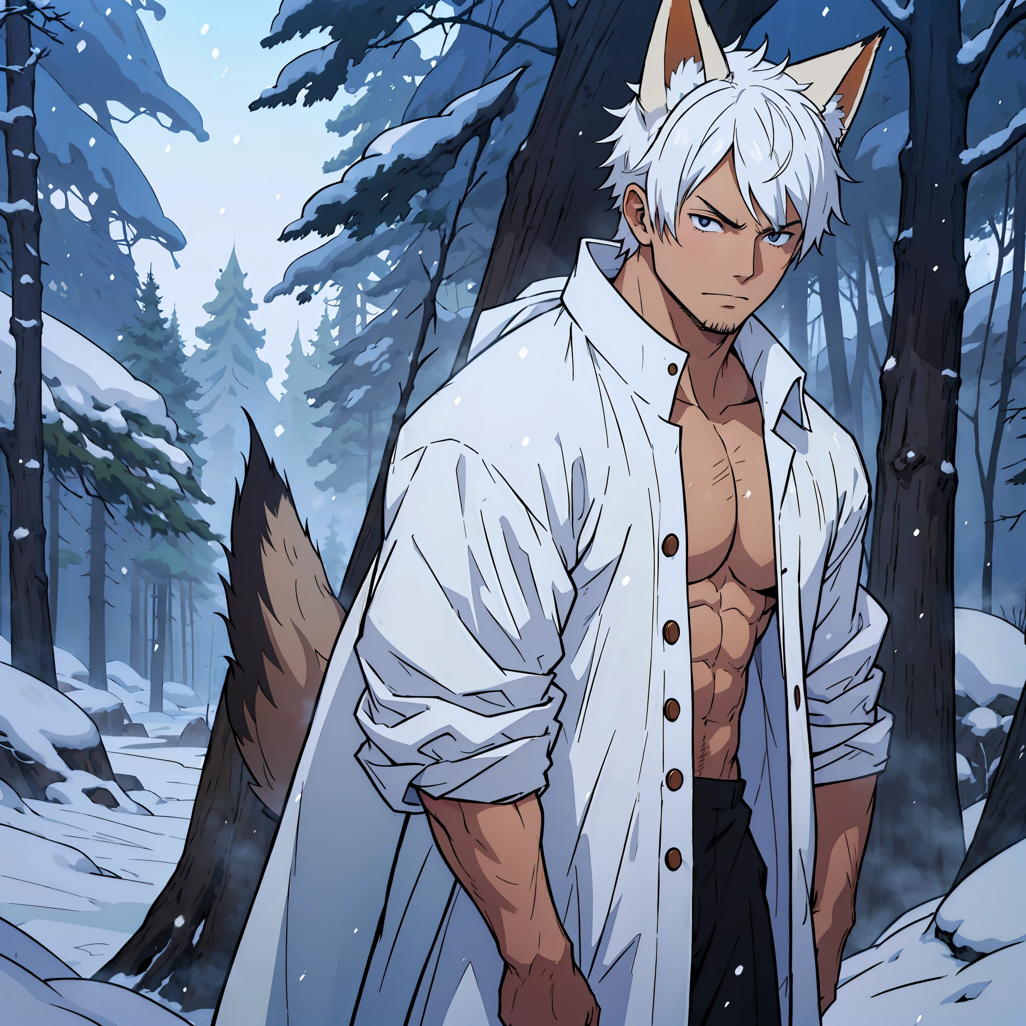 anime guy with white hair and fox ears and collar, (whole body), young guy, hair with modern bangs, masculine but young, no beard, no clothes, totally naked, with just a piece of cloth hiding the private parts , hiding the private parts with a piece of cloth , in a snowing place, trees with snow in the background,  