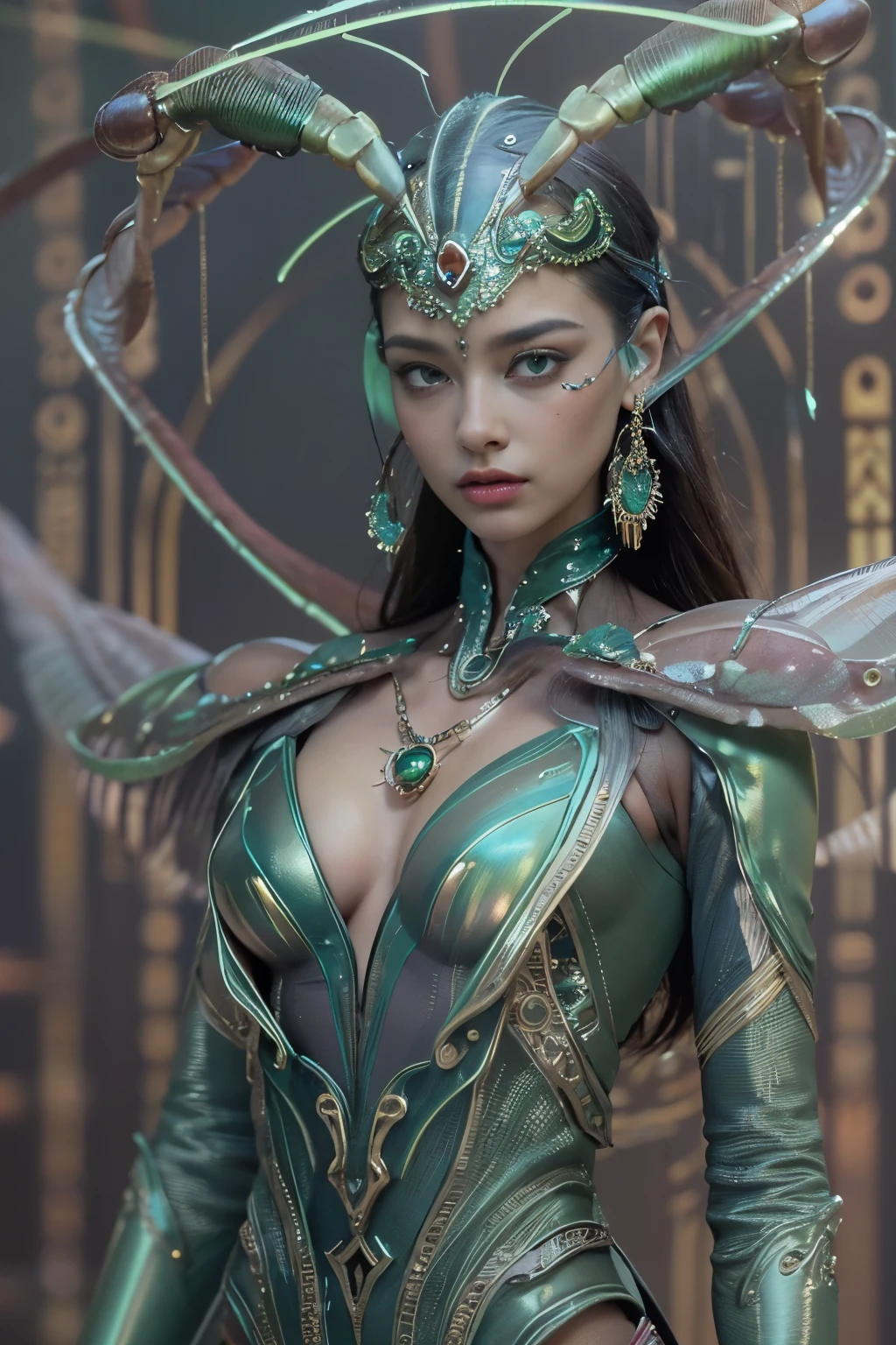 (best quality,4k,8k,highres,masterpiece:1.2),ultra-detailed,(photorealistic,photo-realistic:1.37), (A beautiful female phantom with compound eyes that look like the eyes of a praying mantis:1.5), futuristic, hi-tech, natural-looking skin, emerald-green compound eyes, exquisite, detailed face features, (piercing eyes, long eyelashes and sharp angles:1.3), sculptural facial structure, innovative fashion style, metallic, shimmering make-up, glowing eyeliner, ornate futuristic jewelry, elaborate headpiece, feathers and metallic elements, ethereal background with floating holographic particles, controlled lighting with soft highlights, bluish-green color scheme, otherworldly atmosphere. (NSFW:1.1), (toned body, small breast:1.5)