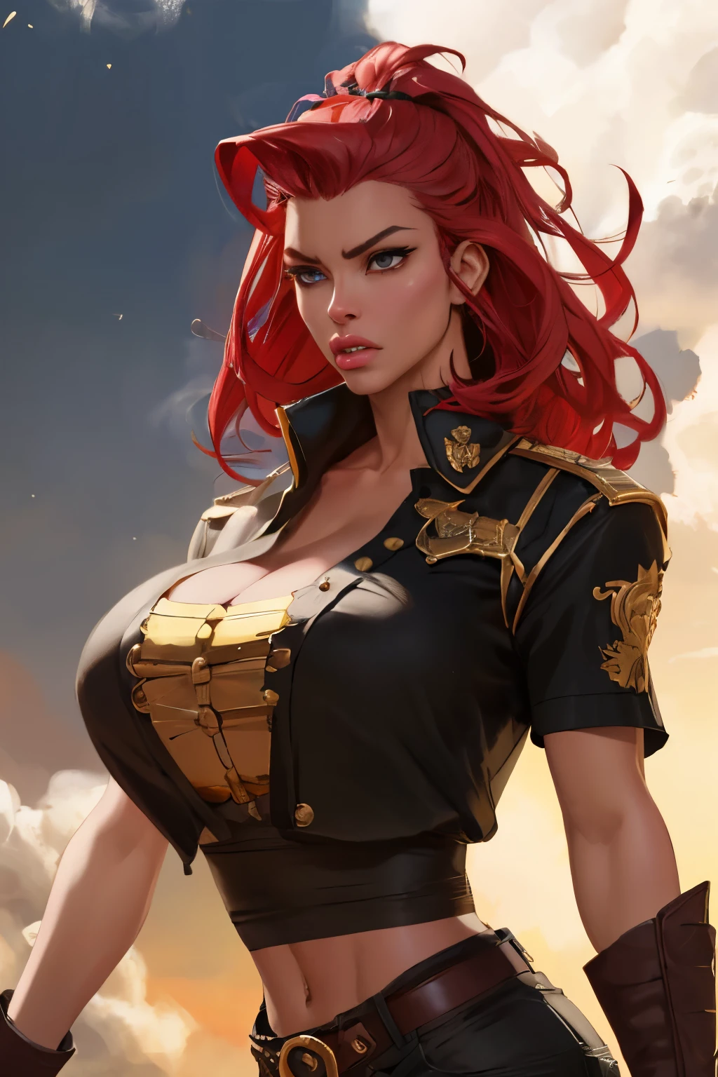 Girl with wavy red hair and rebellious, ((hair slicked back)), (angry eyes), ((dark circles around eyes)), golden eyes and tanned skin, ancient roman pirate style clothes, (gigantic breasts), background with clouds, realistic manhwa style.