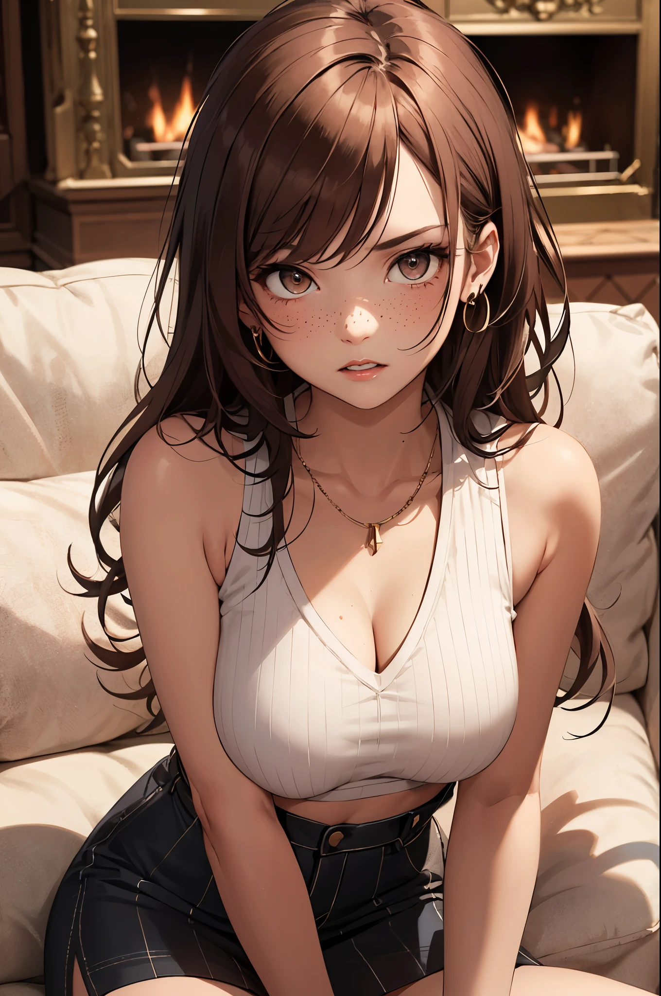 ((best quality)), ((masterpiece)), (detailed), Ridiculous resolution, high resolution, (masterpiece:1.4), Hyper-detailing, a woman. she is s old. auburn hair. She has bangs in her hair. red lips. she is blushing. she has freckles. (Ultra detailed brown eyes)). she is lying on a sofa by the fireplace. She is wearing a sleeveless ribbed crop top. She is wearing a woolen, ribbed mini skirt. necklace. full body shot. she is angry.
