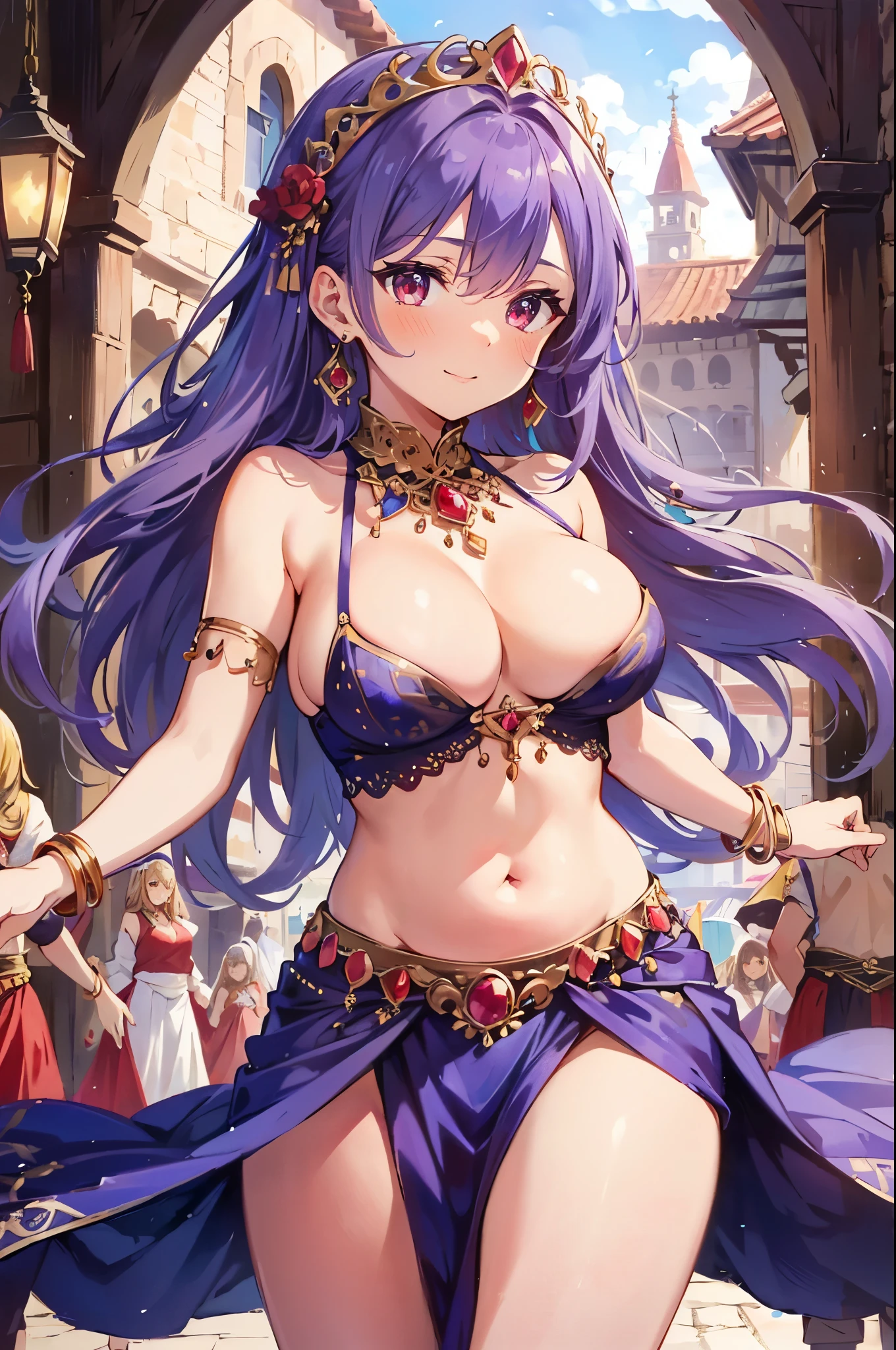 high quality, super detailed, 最high quality, Extremely detailed, beautiful, masterpiece, 1 girl, plaza, medieval europe, cowboy shot, red eyes, long hair, light purple hair, (belly dancer, harem costume, pelvic curtain:1.2), purple costume, barefoot, circlet, earrings, bangle, bracelet, shy smile, dancing, big breasts, cleavage, soft belly