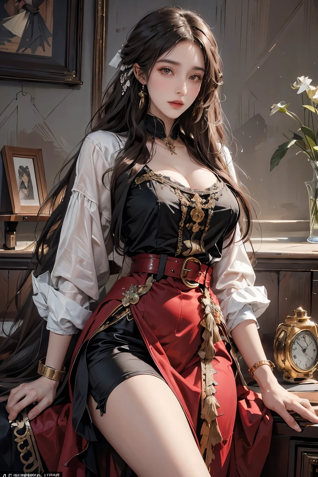 An anthropomorphic Afghan hound with big, happy eyes and a seductive look adorns this steampunk-inspired illustration. Dressed in a Victorian-era outfit, she oozes femininity and allure, accentuated by her full, flowing red skirt and intricately detailed red belt. Her large, expressive eyes gleam with mischief as she flirts shamelessly, her long ears perked up in anticipation.
This captivating image, reminiscent of the masterful work of Ian McQue, is rendered in exquisite detail in the style of an oil painting. Every curve and contour of her voluptuous figure is delicately