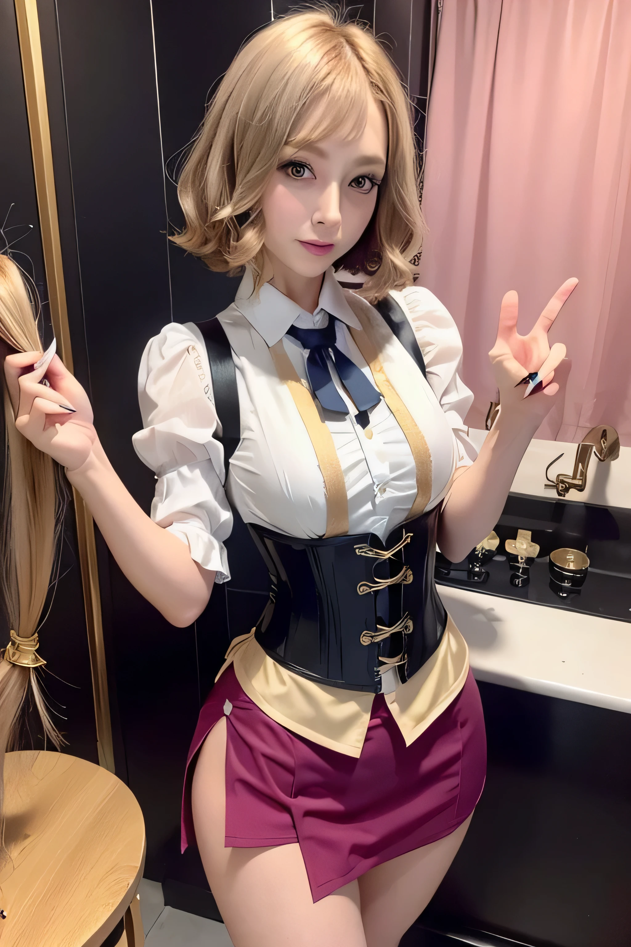girl, , short hair, blue eyes, plump breasts, cat hair ornament, side lock, chestnut hair, shiny hair, wavy hair、dress, (golden eyes: 1.2), (Two long triangular extensions on the skirt),,(I took off the short-sleeved shirt under my corset vest..), (Sleeves end near the arm), , ( magenta short skirt),