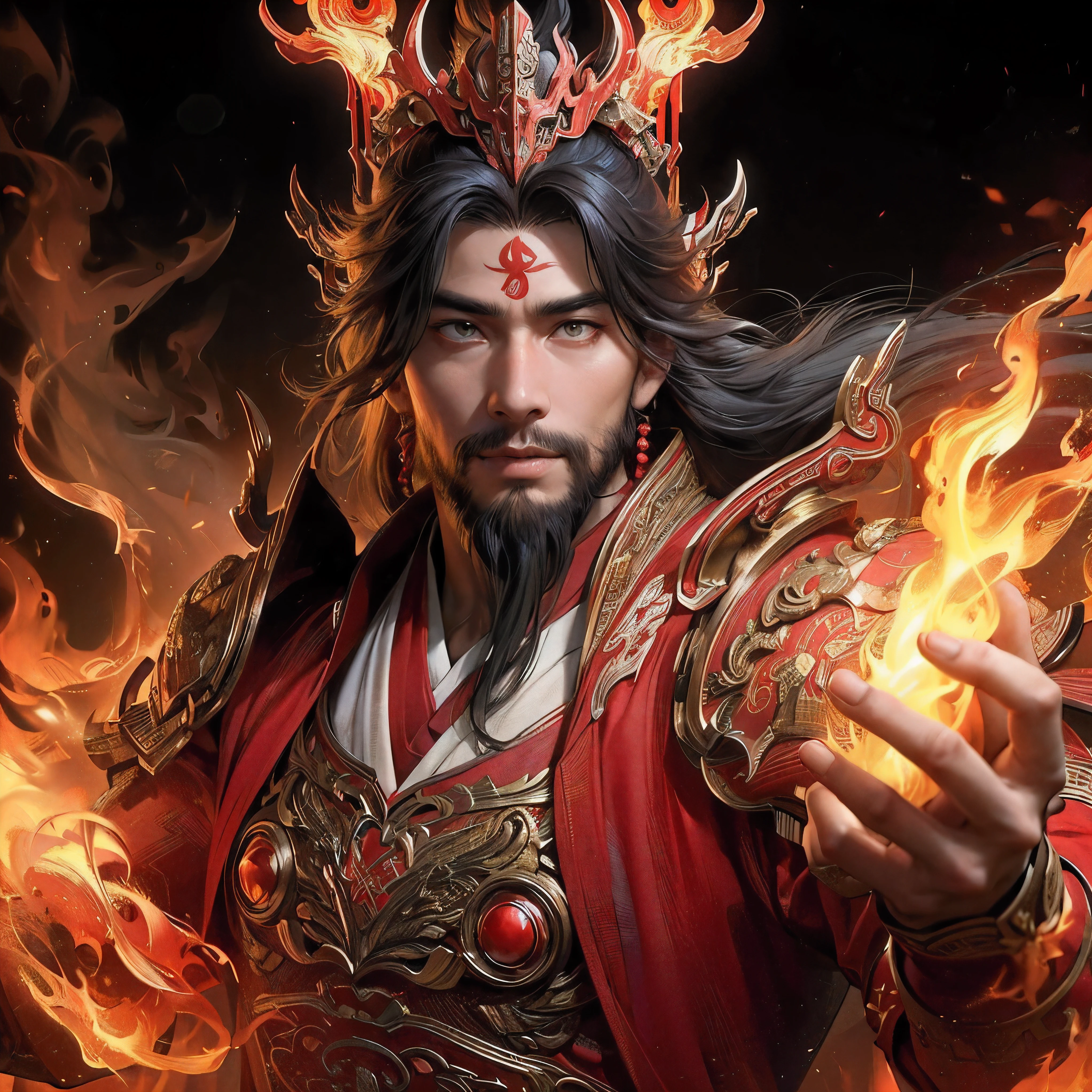 (Chinese military commander without a beard:1.2), (Dancing Flames:1.2), (Beautiful young slender Chinese man:1.5), (真っ赤な鎧を着たChinese military commander without a beard:1.2), (fearless smile:1.0), (Flames wrap around my body like a whirlpool:1.2),
(swing your right hand high above your head、Swing your left hand straight down:1.2), (the flame shines brightly in the dark:1.2), (well-proportioned, beautiful body:1.0),