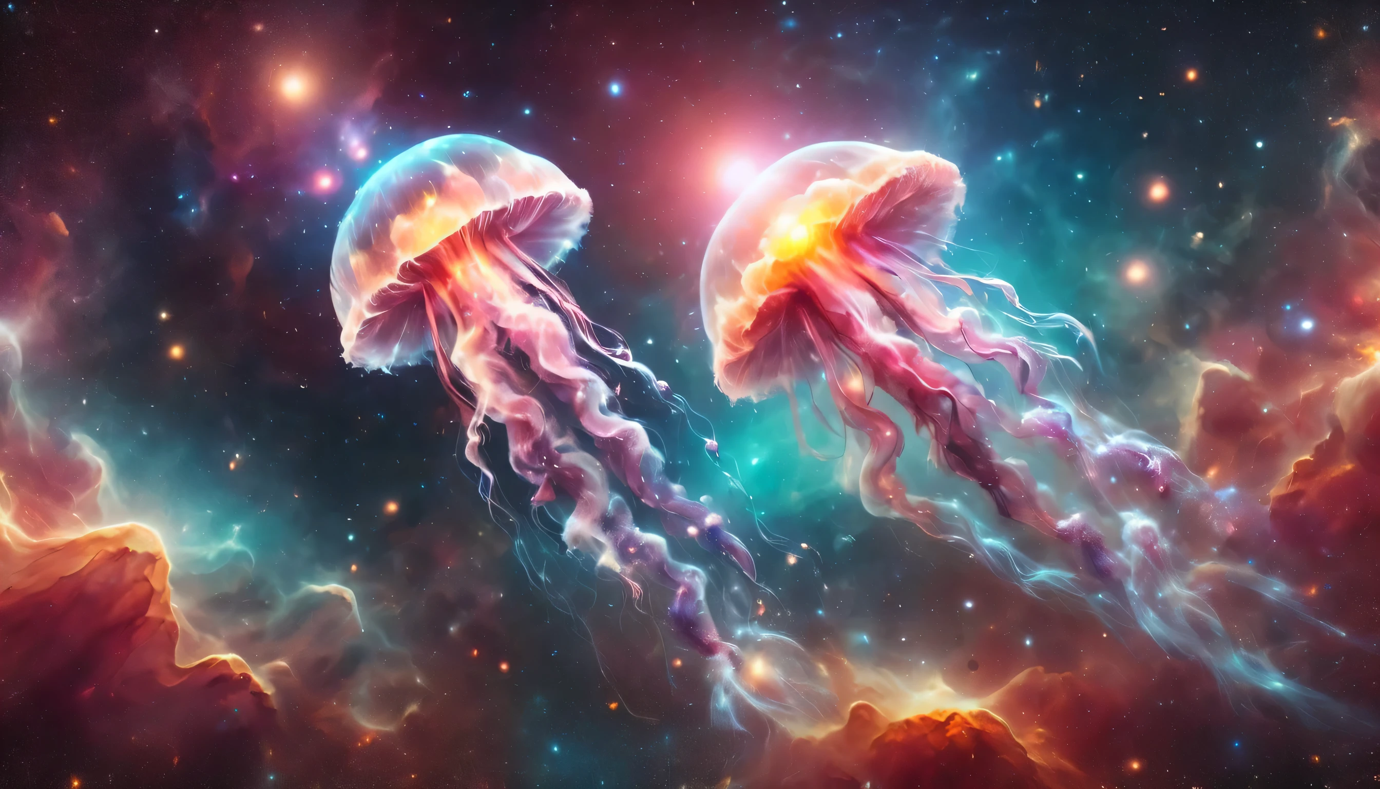 (8k, best quality, masterpiece: 1.2), (actual, Photoactual: 1.37), super detailed, Giant colorful jellyfish floating in space. The background is planets, Star, galaxy, nebula, nebula. bright colors, actual. Cinema lights