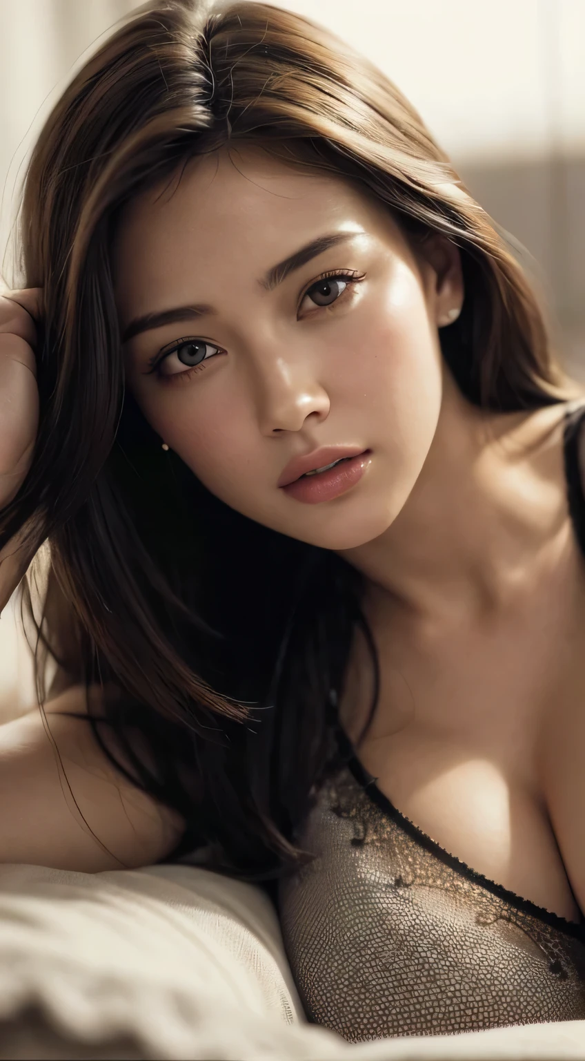 dressed, (photo realistic:1.4), (hyper realistic:1.4), (realistic:1.3), (smoother lighting:1.05), (increase cinematic lighting quality:0.9), 32K, 1girl,20yo girl, FACIAL MIX OF PHOEBE CATES, LARGE BREAST, DEEP CLEAVAGE, LYING DOWN IN BED, realistic lighting, backlighting, light on face, ray trace, (brightening light:1.2), (Increase quality:1.4), (best quality real texture skin:1.4), finely detailed eyes, finely detailed face, finely quality eyes, (tired and sleepy and satisfied:0.0), face closeup, t-shirts, (Increase body line mood:1.1), (Increase skin texture beauty:1.1)