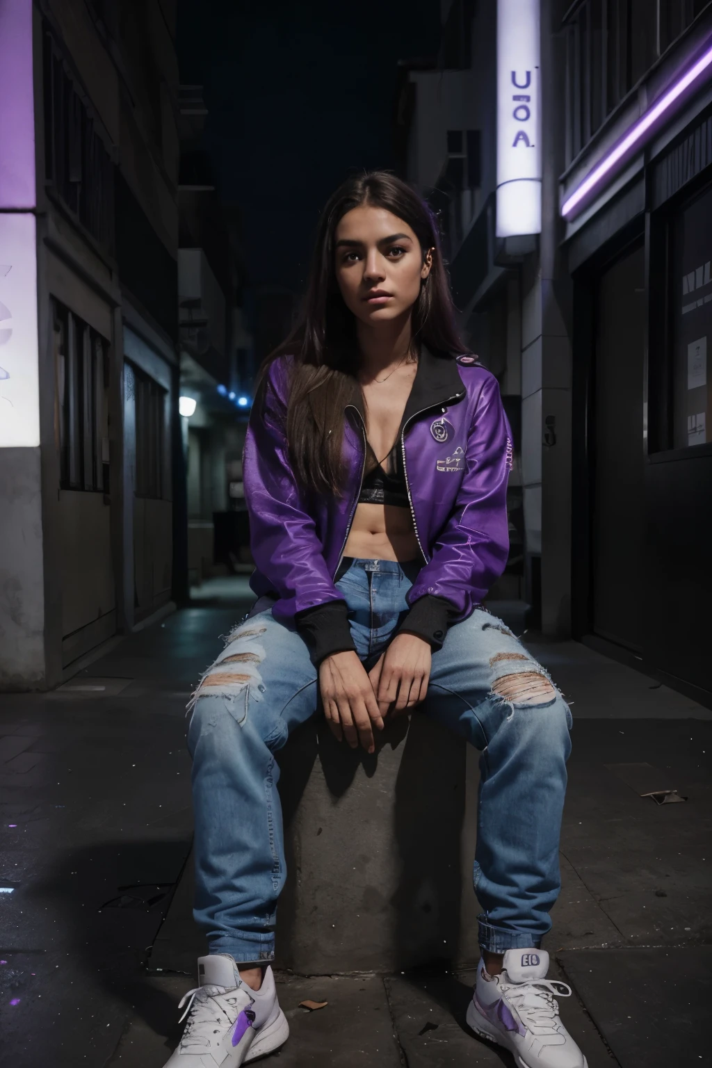 hyper realistic, muy detallado face, piel hermosa, pecas, hermoso maquillaje, profundos ojos azules cristalinos, Amazing aesthetics, Biomechanical meat, posando en una postura donde destaque el frente del jean, rubor, feliz, muy detallado, adulto joven, cara extremadamente detallada, Ropa Hip Hop, streetwear, streetstyle,pantalones de jean con roturas, cuerpo completo, jean destacado, jean muy detallado, cuerpo completo, muy detallado dilapidated city scape background, Medianoche, cielo de tormenta color violeta oscuro, rayos y truenos, bien iluminado, purple cinematic lighting, Electronic violet background lights, muy detallado background, (:0.3), hyper realistic, foto realista, Textura de piel realista, solo, tendencia en Artstation, renderizado de octanaje, Motor irreal 5, Gfred Galactic Civilization, Micromundos Planeta,, Vector art, Contorno negro grueso, _mito_, colores vibrantes, muy detallado, impreso en una hoja de papel, sujeto mantenido dentro de la frontera, isometric, Estilo ::0.5 ::0.75