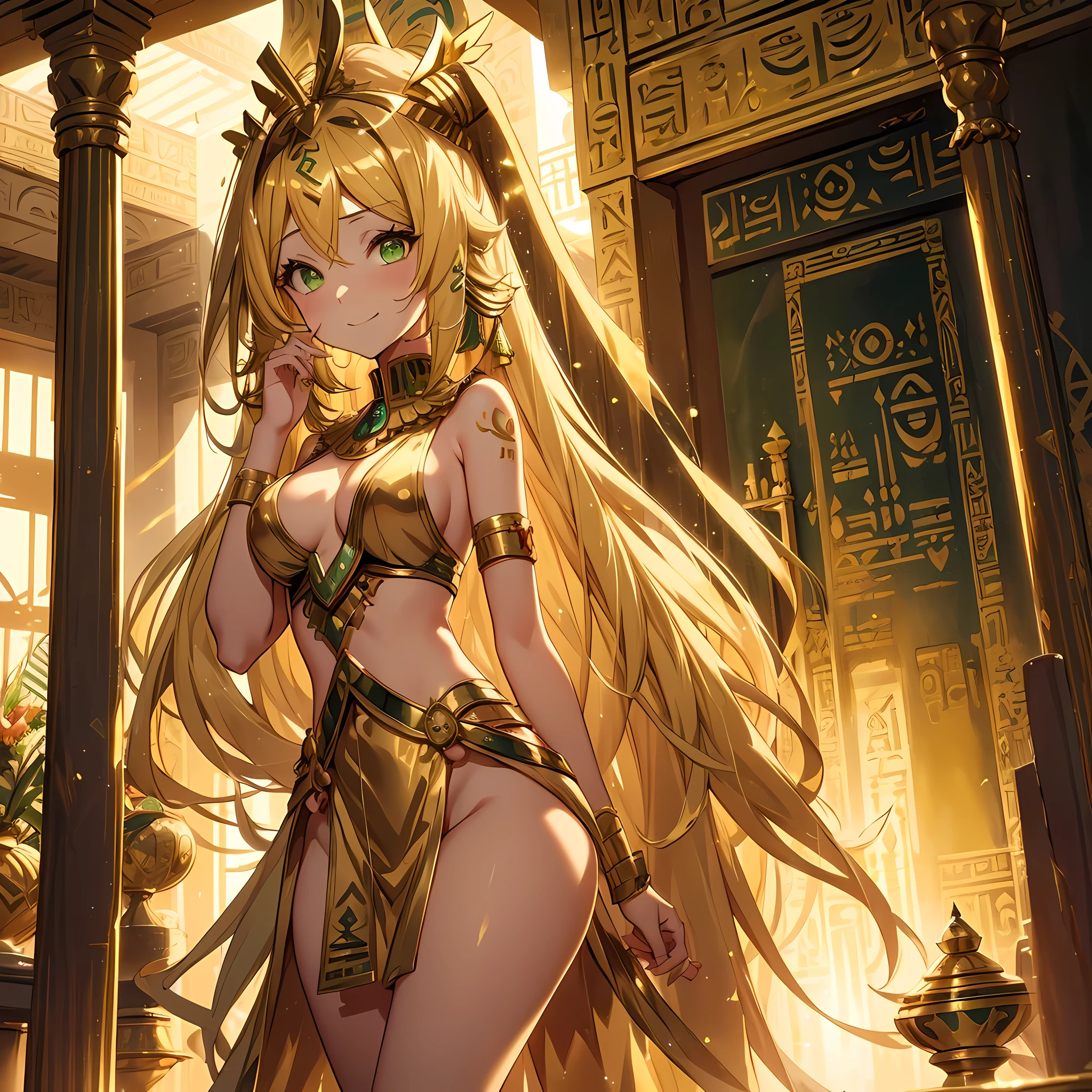 1girl, egyptian hair,(Kagamine Rin), Cleopatra hair, (blonde hair),(green eyes), golden diadem on head, wearing white egyptian clothes, empress clothes, golden palace, smoke in golden vases, smoke coming out of hand, tattooed body, Smiling in an oasis, 4k