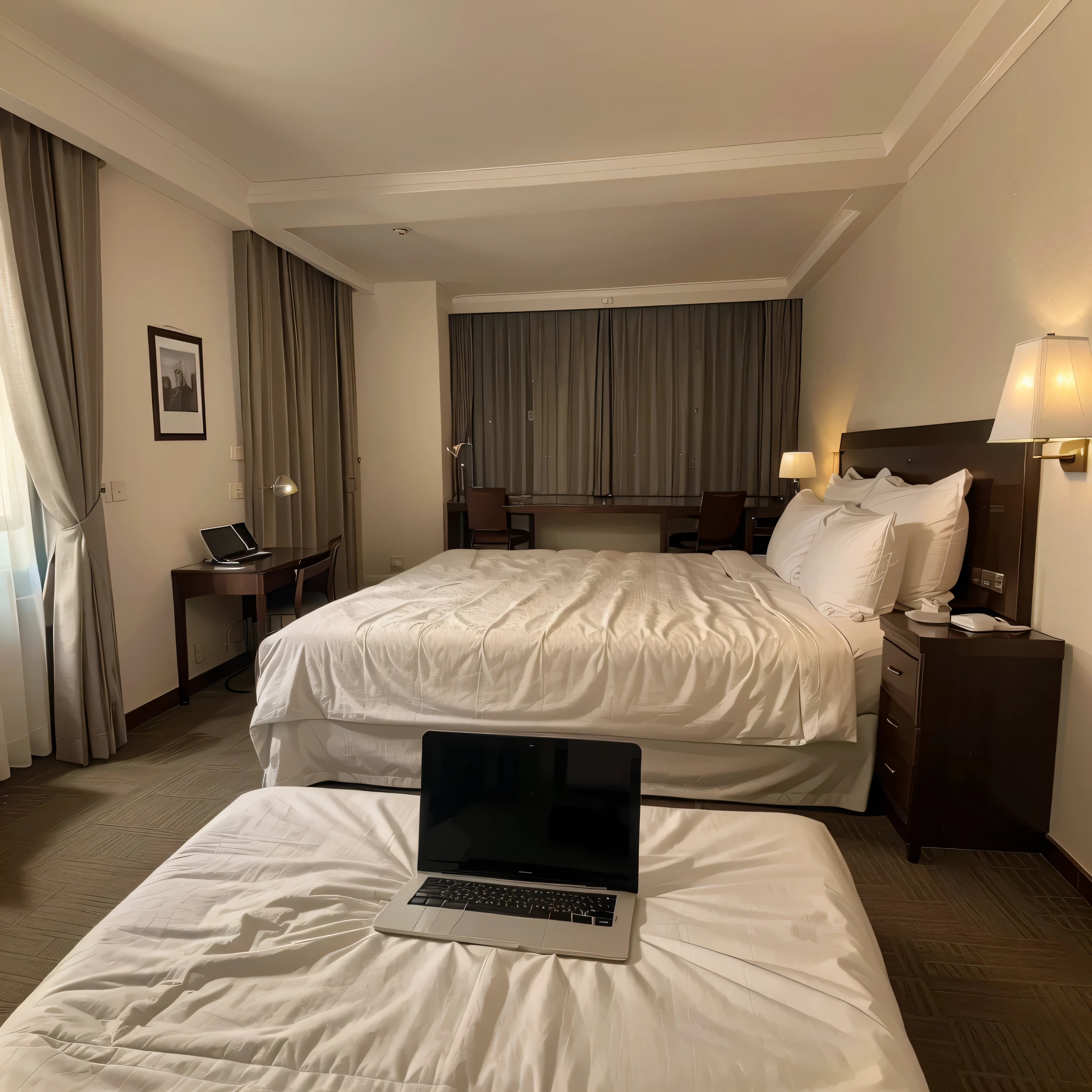 Um quarto de hotel 5 estrelas, presidential suite with only 1 large double bed, desarrumada e com um laptop aberto sobre ela. panoramic image.