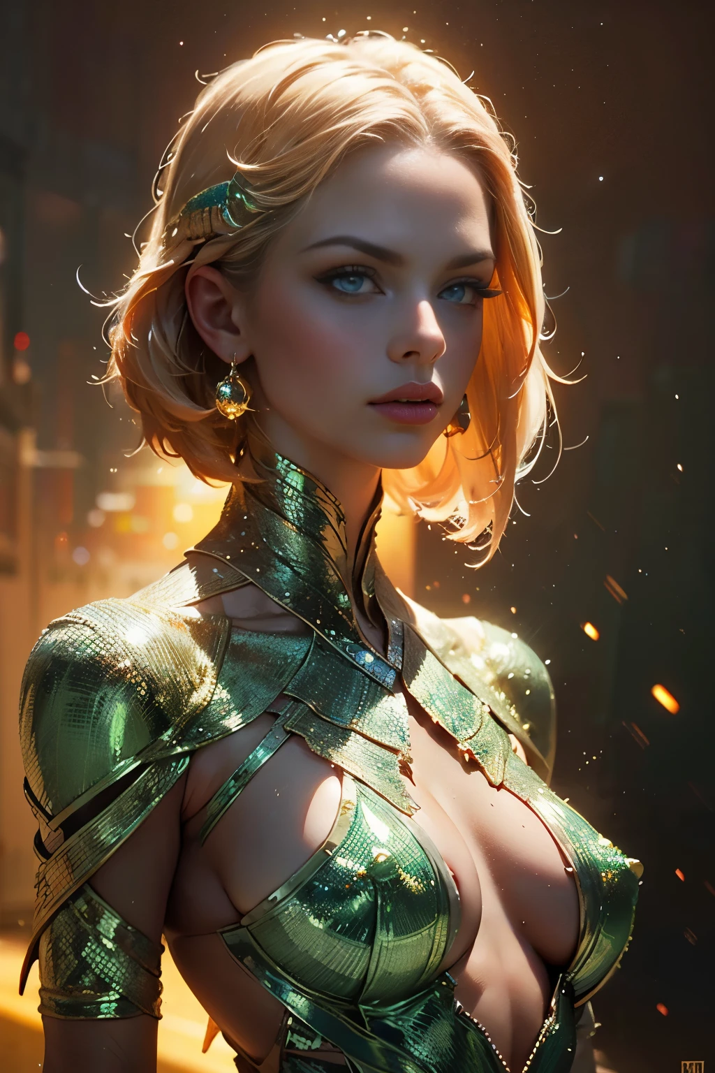 (best quality,4k,8k,highres,masterpiece:1.2),ultra-detailed,(photorealistic,photo-realistic:1.37), (A beautiful female phantom with compound eyes that look like the eyes of a praying mantis:1.5), futuristic, hi-tech, natural-looking skin, emerald-green compound eyes, exquisite, detailed face features, (piercing eyes, long eyelashes and sharp angles:1.3), sculptural facial structure, innovative fashion style, metallic, shimmering make-up, glowing eyeliner, ornate futuristic jewelry, elaborate headpiece, feathers and metallic elements, ethereal background with floating holographic particles, controlled lighting with soft highlights, bluish-green color scheme, otherworldly atmosphere. (NSFW:1.2), small breast