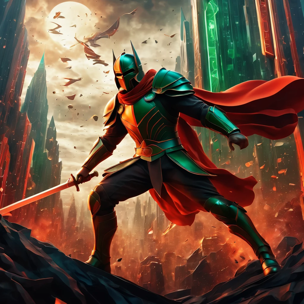 (best quality, highres, ultra sharp), Final Showdown between a heroic warrior and a heroic villain in a intense action, atmospheric perspective in a city inside a infinite battle,, epic action, dark tones of red, brown, orange, green and gray colors, art deco, 3d crunch,