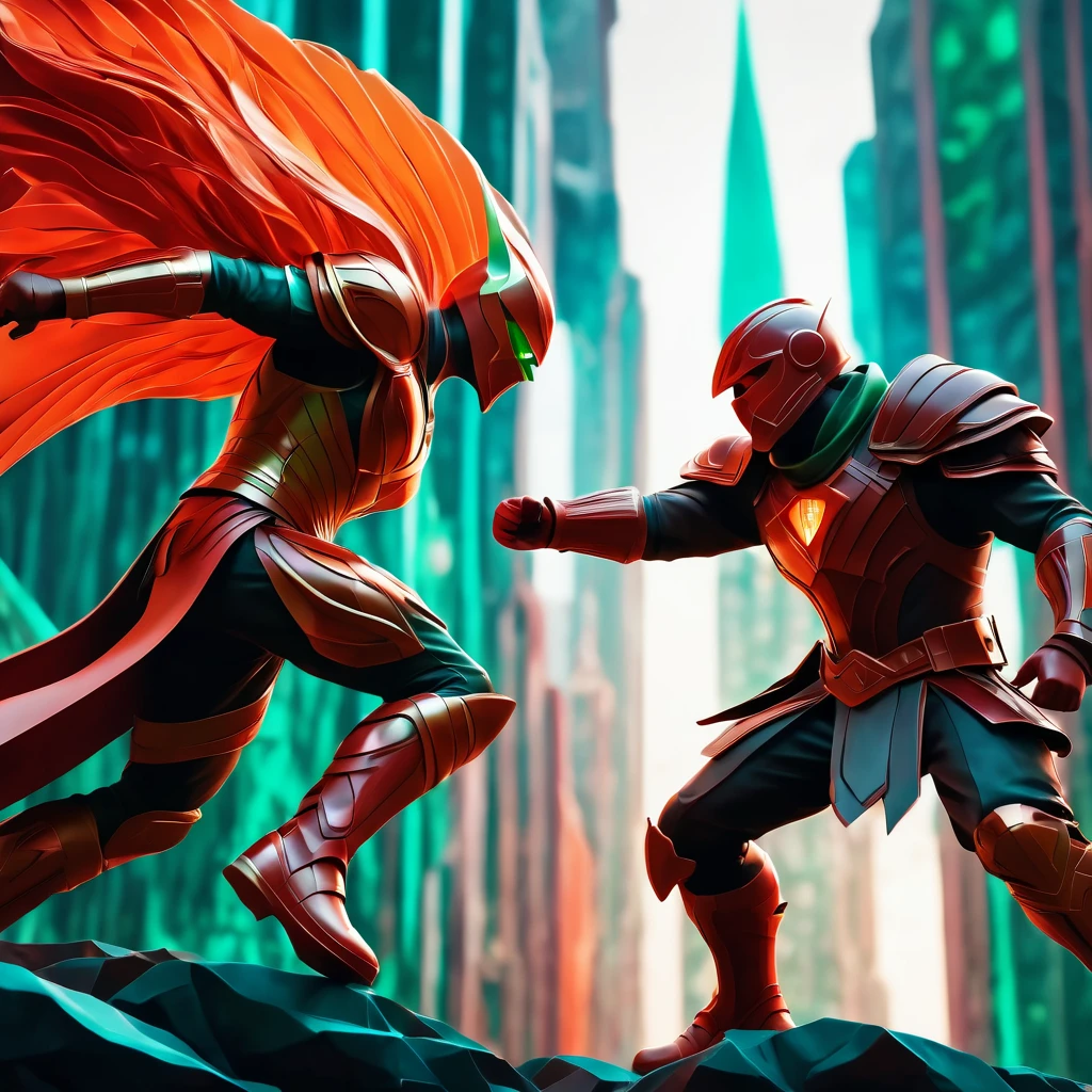 (best quality, highres, ultra sharp), Final Showdown between a heroic warrior and a heroic villain in a intense action, atmospheric perspective in a city inside a infinite battle,, epic action, dark tones of red, brown, orange, green and gray colors, art deco, 3d crunch,