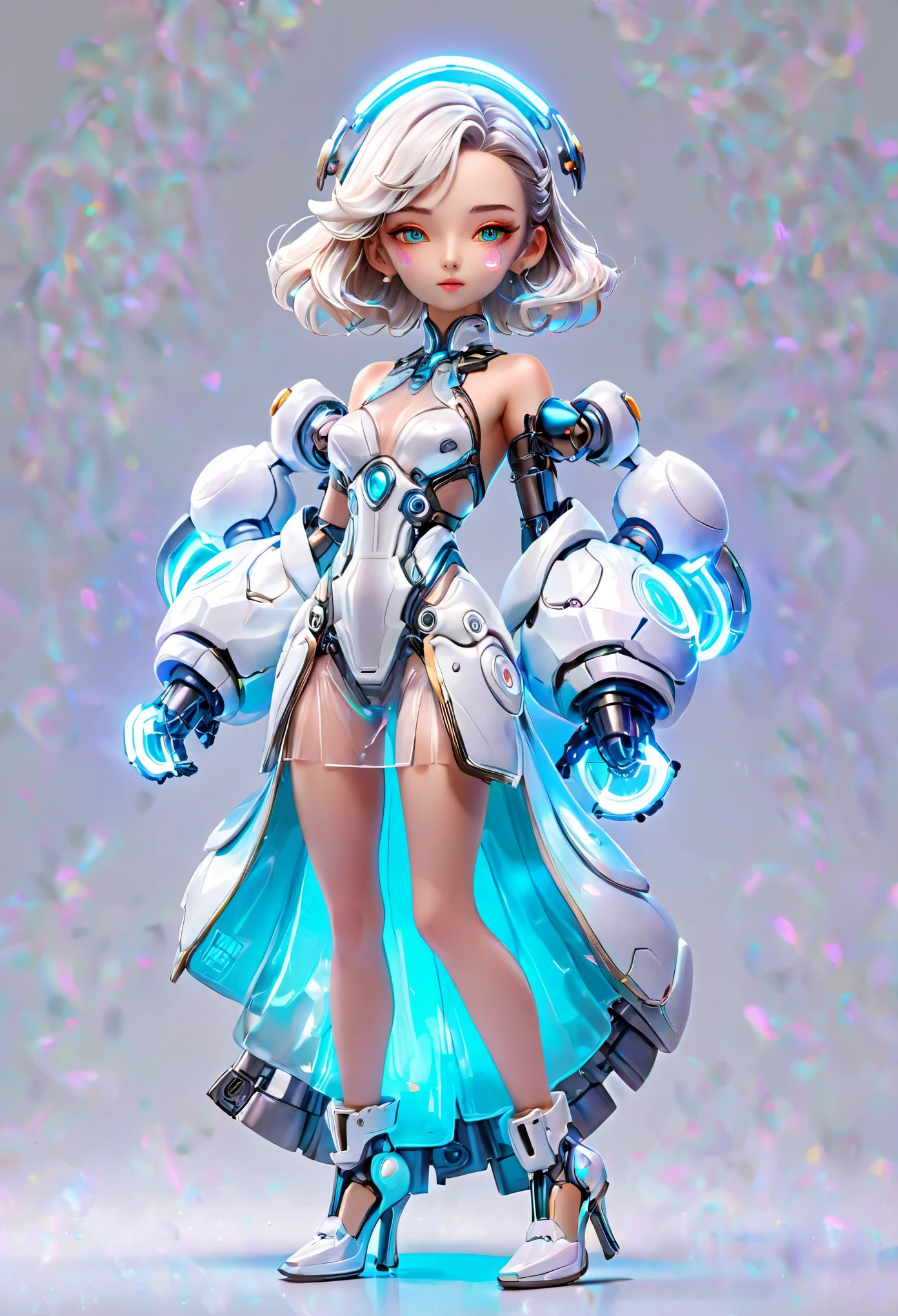 (Blind Box Spielzeug Stil:1.2),full body, solo,white background,(1 female robot, Beautiful girl face ,white Jasmine Transparency dress, gloves, high heels),(Chinese color,Very colorful), Cyberpunk, Dreamy Glow, Luminous neon lamp, clean,3D