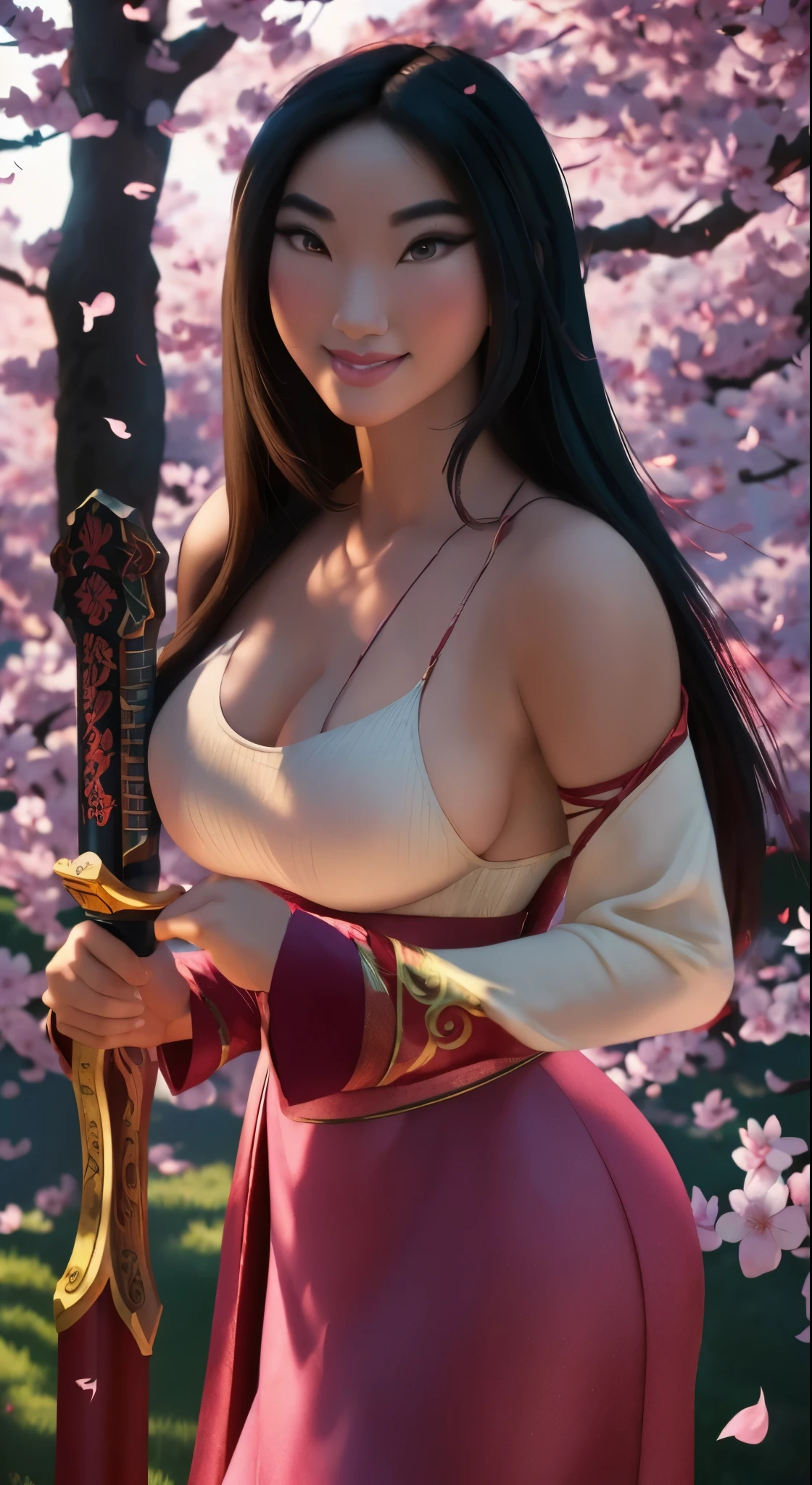 a girl with flowing hair, strong and confident, in a traditional Chinese warrior outfit, holding a sword (best quality, highres), with determined eyes and a charismatic smile (beautiful detailed eyes, beautiful detailed lips). Her face is realistic and photorealistic, capturing the essence of Mulan's spirit (ultra-detailed, realistic, photorealistic:1.37). The artwork is a mixture of illustration and 3D rendering (medium: illustration, 3D rendering). The scene is set in a beautiful cherry blossom garden, with petals falling gently from the trees, creating a dreamy atmosphere (cherry blossom garden, falling petals). The colors are vibrant and vivid, with a warm color palette that enhances the heroic feel of the image (vivid colors, warm palette). The lighting is soft and natural, with the sunlight casting a golden glow on Mulan's face and surroundings (natural lighting, golden glow). The overall image exudes strength, beauty, and femininity, celebrating both the character of Mulan and the Chinese culture she represents. Busty. low-cut. Big 