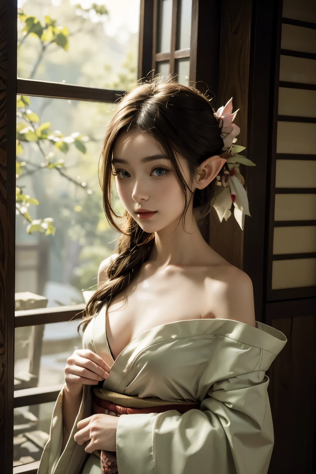 beautiful elf girl, wearing a kimono, shoulders are bare