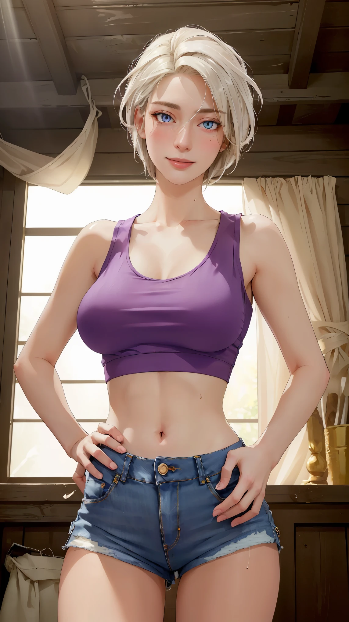 ((((masterpiece, best quality, high resolution)))), Extremely detailed 8K, Beautiful girl with voluptuous body, (Ultra HD, Ultra-detailed, Highly detailed, Highly realistic, Ultra-realistic, photograph realistic), (1girl:1.5), (Realistic white hair), short silky hair, bob cut, (dynamic poses), facing at camera, looking at viewer, (blushing red, smile), (purple eyes, sharp eyes), (big perky breasts:1.2), (beautiful detailed face, beautiful detailed eyes), ((white cropped tank top, jeans shorts)), (standing up), (hand on hips:1.3), sweat, glow, (sunbeam, sunlight), ((cowboy shot)), ((perfect fingers))