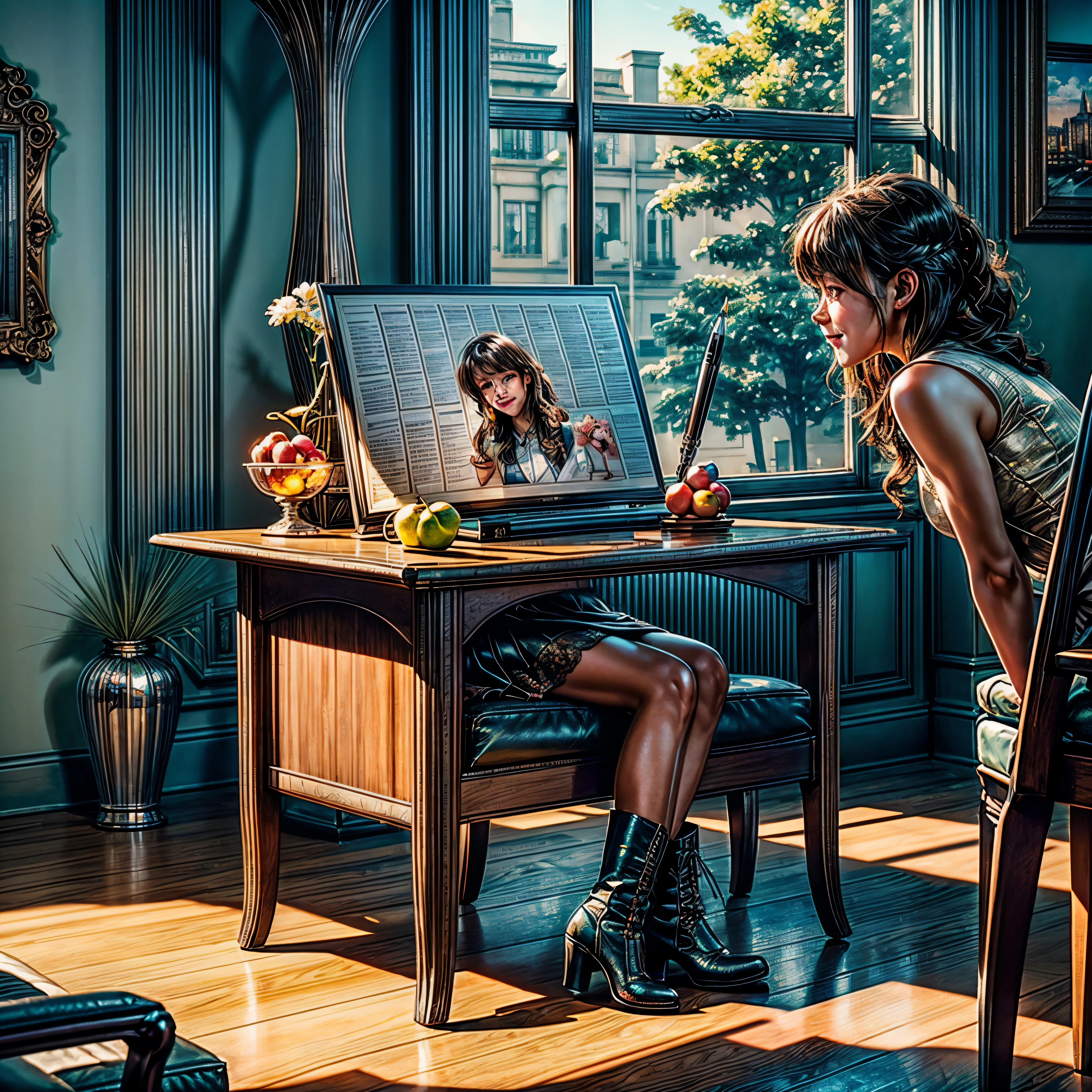 Earth:2 under desk, Magic Circle, Torus, Halo (epic tMasterpiece, ultra highest quality, ultra highest resolution, ultra high-definition, distinct_image, very elaborate CG cinematic_lighting ray_tracing drop_shadows (photorealistic: 1.4), ultra high-quality textures fine-grained realistic face expression): (Epic gorgeous lone girl brown short hair bulb frange gorgeous sparkling eyes, Eye level shot, happy smile, beauty, slim body small size breasts, holiday, own room, console disco, computer, display, keyboard, mouse, long leather skirt, collared shirt, leather vest, handgun holder, carrying leather bag on your back, long boots, antique radio, coffee, model train, bookshelf, spacious yellowchair, Pots, fans, paintings, stuffed animals, ties, notebooks, stationery, vases, photo frames, letters, fountain pens, calendars, lamps, cushions, baskets, mirrors reflecting in profile, candles, telephone, fruit, newspapers, sweets, city Eiffel view outside the window), Pendulum clock frog, varied multi etc. --v6 --s1000 --c20 --q5 --chaos100