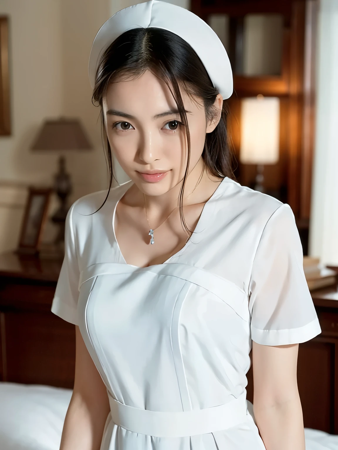 1 girl,(Wearing white nurse clothes:1.2),(RAW photo, highest quality), (realistic, photo-realistic:1.4), masterpiece, very delicate and beautiful, very detailed, 2k wallpaper, wonderful, finely, very detailed CG unity 8k wallpaper, Super detailed, High resolution, soft light, beautiful detailed girl, very detailed eyes and face, beautifully detailed nose, finely beautiful eyes, nurse, perfect anatomy, black hair, up style, nurse uniform, ((nurse cap)), long skirt, nurse, white costume, thin, hospital, clear, white uniform, hospital room, auscultation of the neck
