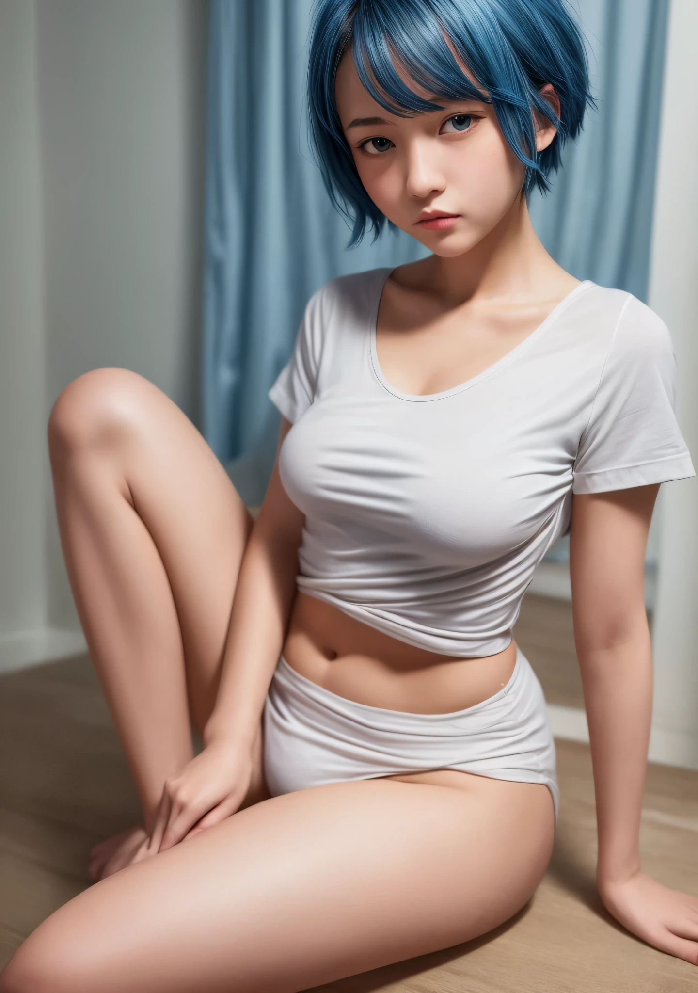 masterpiece, best quality, highres, absurdres, 8k, 4k, official art, 1girl, blue hair, blue eyes, short hair, sitting, small white t-shirt, small white pajamas, small breasts, facing viewer,