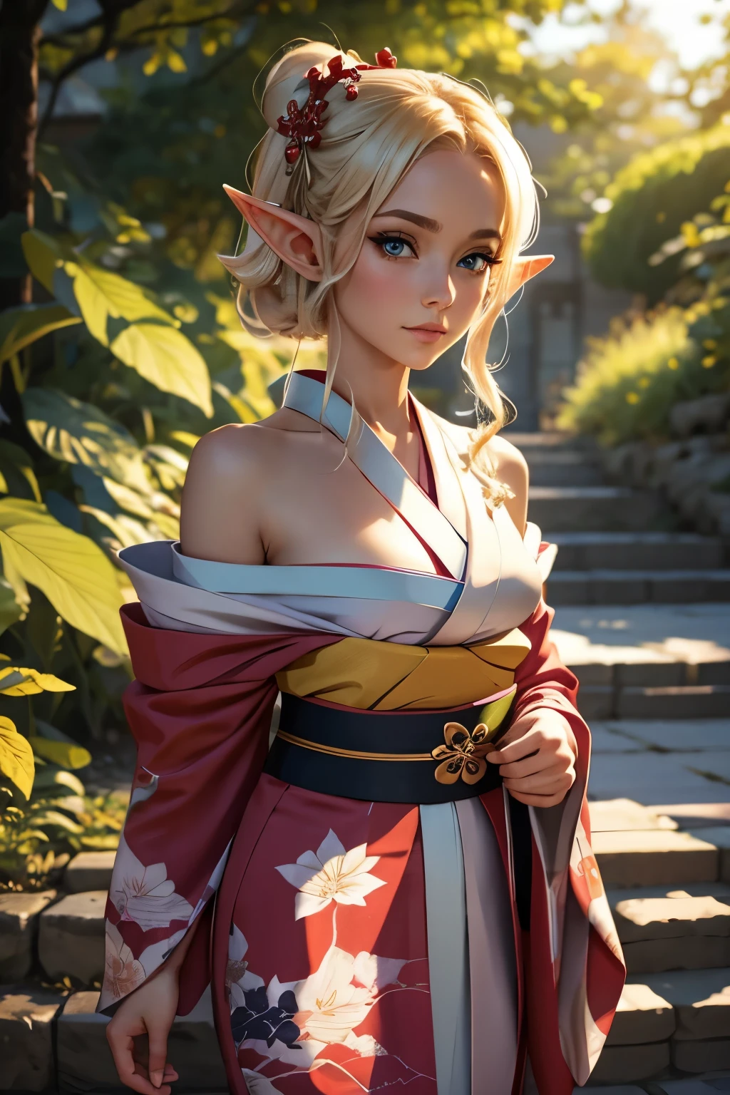 beautiful elf girl, wearing a kimono, shoulders are bare