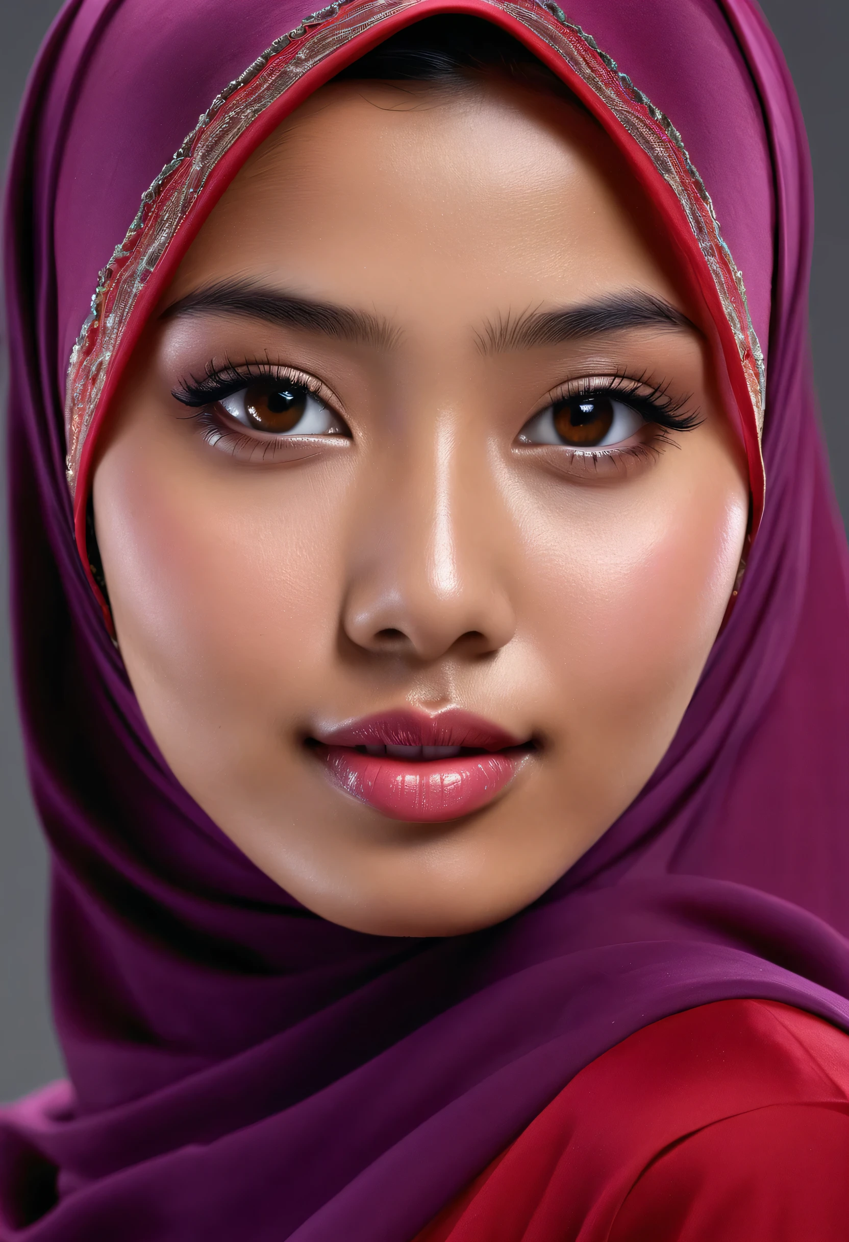 Very detailed photorealistic image of girl from Indonesia, 20 years old, tall, slim body, wearing a long red hijab and purple Muslim clothes, and high heels. Her clothing should be elegant and simple, reflecting her cultural background and fashion sense. Use medium shots to capture girl's facial features, clothing and accessories, showing off her sense of style and confidence.