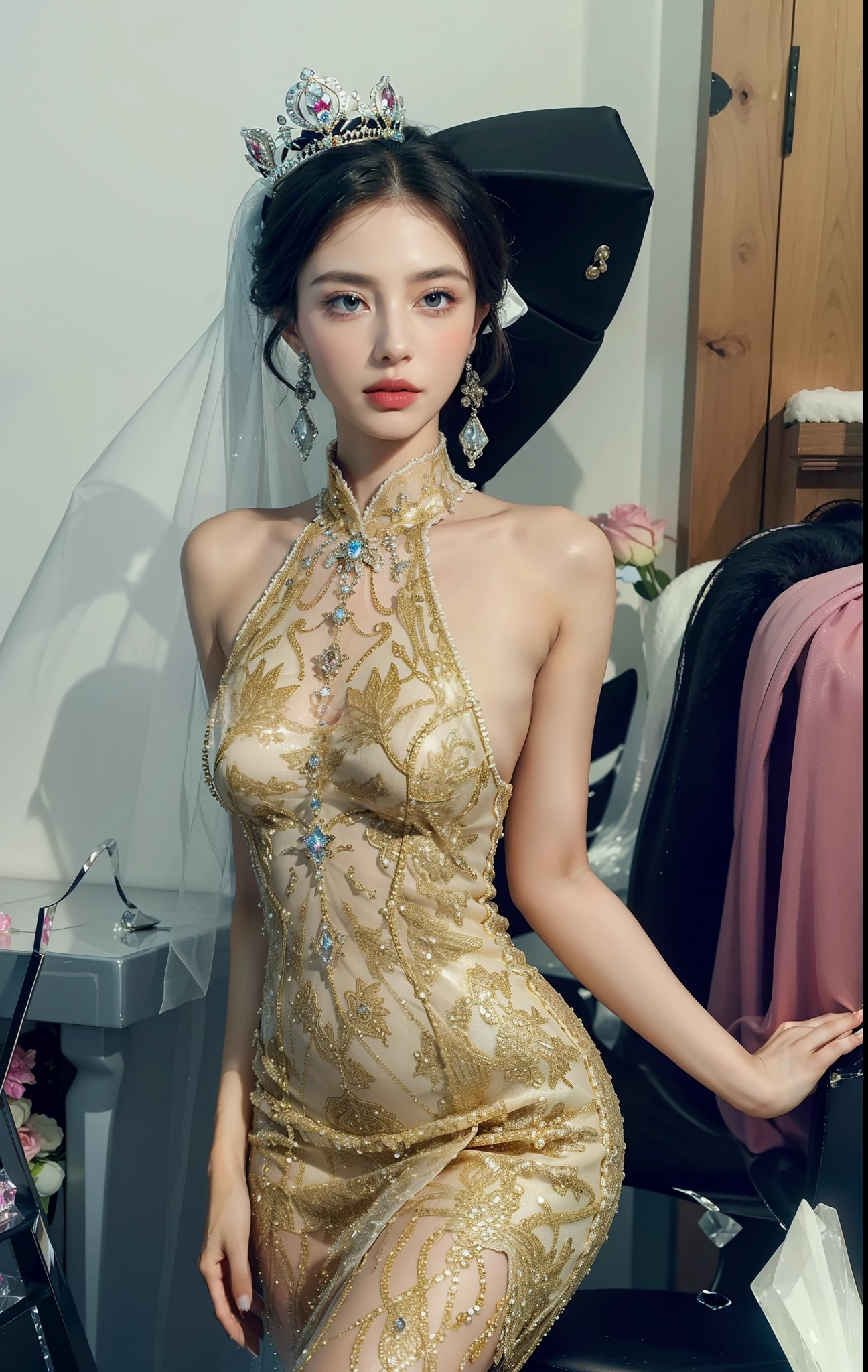 Royal sister,exquisite eyes,Detailed facial expressions body,tall figure,Leg length,4k,HD,translucent lace,Fair and plump figure,pretty face,Little cherry mouth,beautiful and delicious(3D royal sister),exquisite dress,Wear crystal jewelry,Gorgeous crystal gems,Gem and jewelry crown,The colors of the picture are very bright,Gorgeous ice and snow princess,gloss gel coat,five fingers,