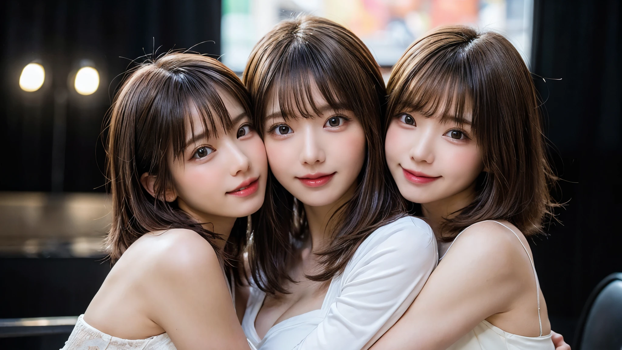 ((masterpiece)), ((highest quality)), (Super detailed), ((very detailed)), 4k, (8k), highest quality, (beautiful), shape, anime style, genuineistic, genuine, dynamic angle, ((whole body)), thick outline, clear outline, Live venue, ((three girls, Three cute girls)), Idol, young entertainer, beautiful light brown hair, beautiful brown eyes, ((beautiful eyes)), short hair, big breasts, light smile, ((like, hug, kiss)), shiny, shine