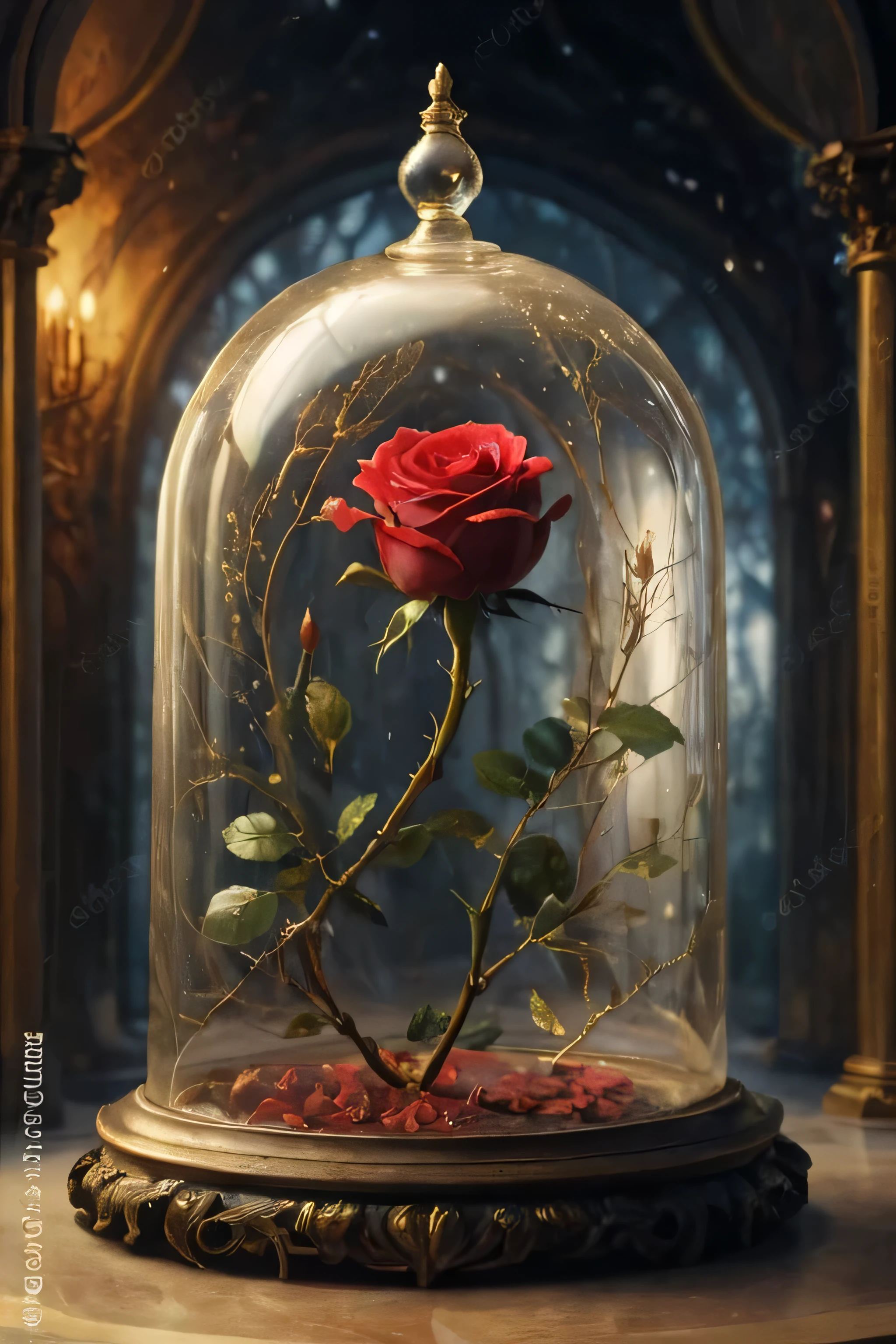 a red rose in a glass dome with a gold base, by Alexander Kucharsky, elegant digital painting, by Eugeniusz Zak, incredibly beautiful, by derek zabrocki, by John Moonan, by Ren Bonian, forbidden beauty, by artist, breathtaking detailed, rose twining, high detailed), beautiful render of a fairytale, glass dome