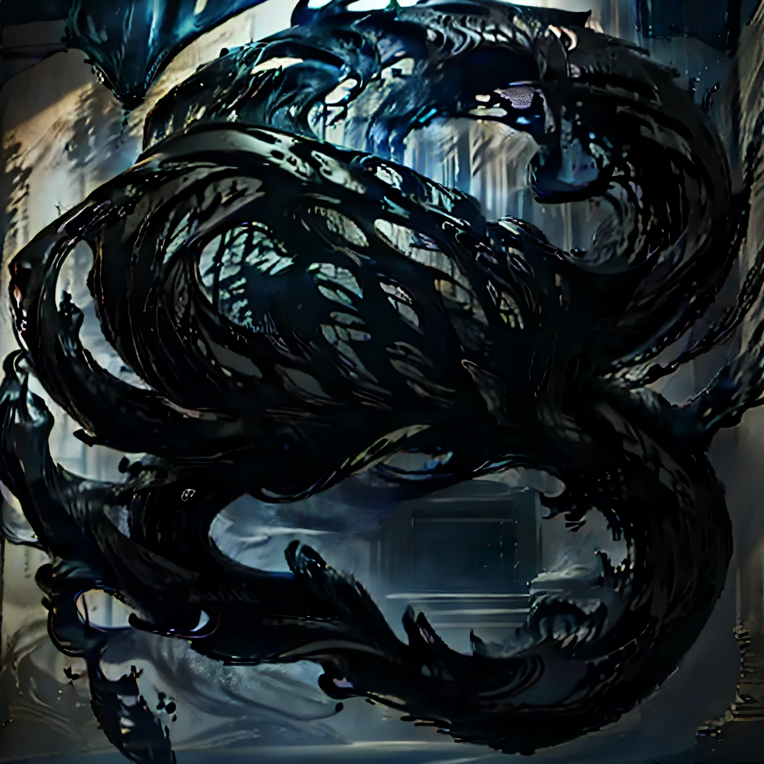 Masterpiece, Best Quality, Ultra-Detailed, a monster monkey with a highrise_mask over the face, made of shadow, made of ink, melting, ink body, (swirling black ink), created by shadows and smoke, ((((shadow body:1.0)))), (made by smoke:1.0) cave background
