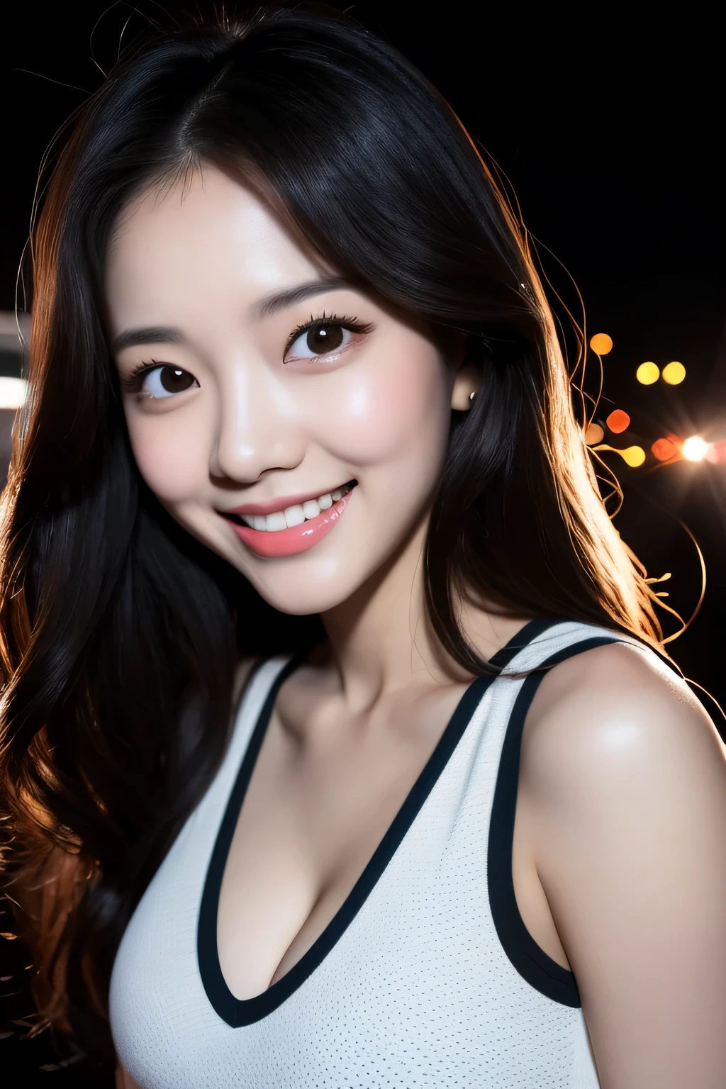 realistic photos of cute Korean girl, medium hair, thin makeup, large breast, deep cleavage, slightly smile, wearing
cartoon pattern cropped tank top, selfie, IN THE CLUB, in the night, Eye-Level Shot, god rays, halftone, dithering, UHD, 16k