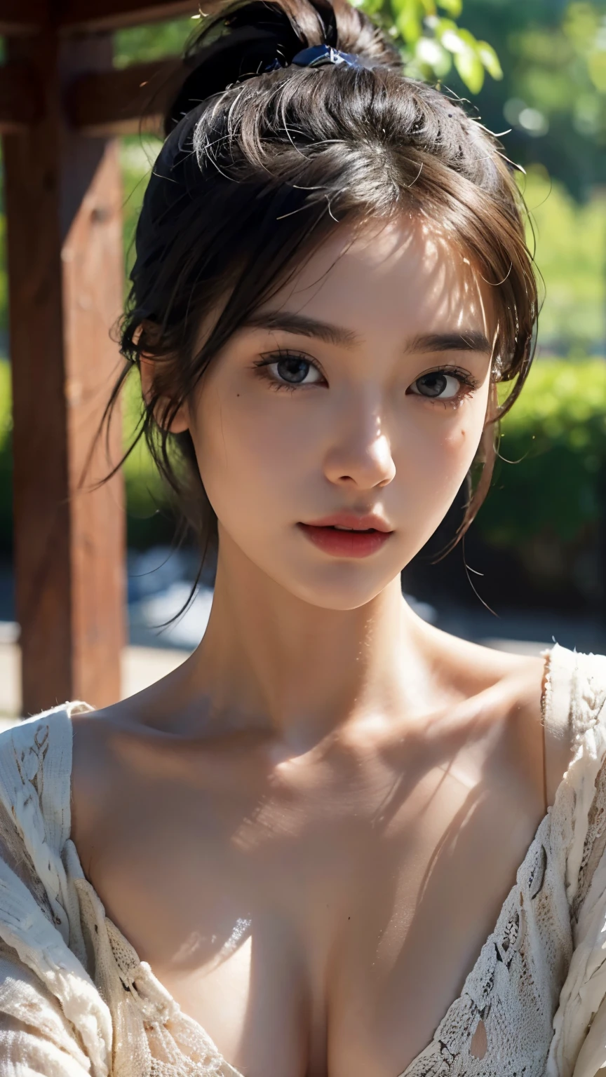 One woman,fully body photo,masutepiece, The highest image quality, High quality, the background is clear,Beautiful woman, Japanese, Detailed, Detailed eyes, Detailed skin, Beautiful skin, 超hight resolution, (reality: 1.4),Very beautiful woman, Slightly younger face, Beautiful skin, slender, (Ultra photo realsisim), (hight resolution), (8K), (Very detailed) (beautifully detailed eyes), (super detailed), (Detailed face), view the viewer, Fine details, Detailed face, Staring straight ahead, Staring straight ahead, photos realistic, Bright lighting, Professional Lighting, Black hair,poneyTail,a ,sixteen ye is ponytail,long ponytail hairstyle,slight smile,Long Sleeve Knitwear,European Streets , half naked