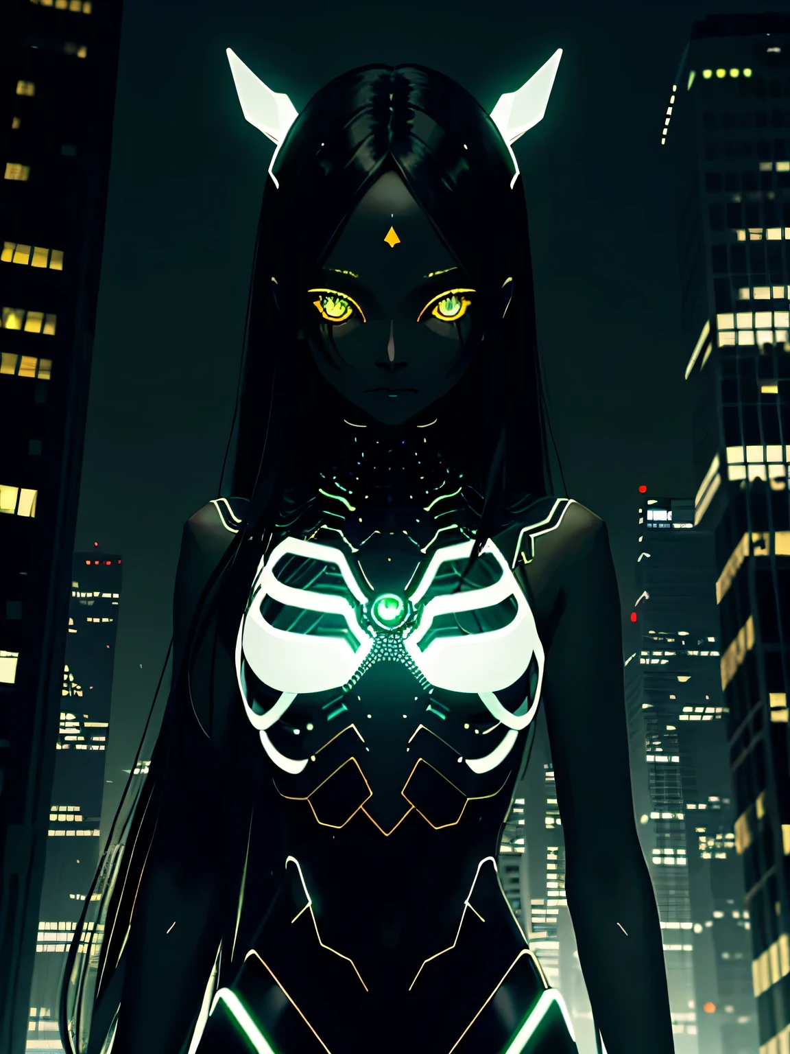 ((art in dark modern world)), beautiful insect girl, black smooth skin, dark black skin, dark skin, yellow glowing eyes, very long hair, in the middle of skyscrapers, green steel palette, faint white light, highly detailed art, extremely detailed background