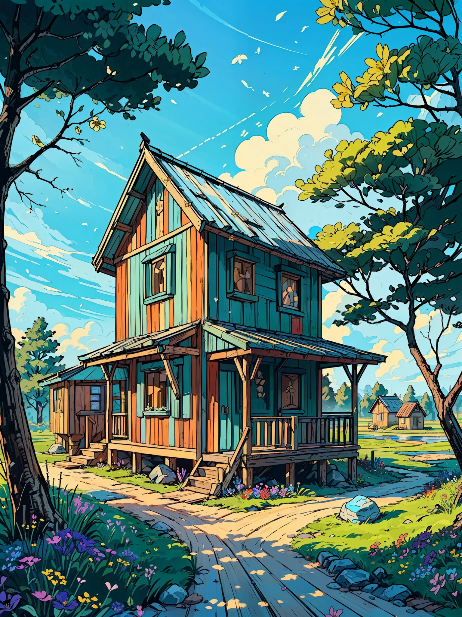 (masterpiece:1), (wide view:1.7), (blue wooden hut stands amidst nature's embrace:1.6), (beautiful color palette:1.3), silence, (roof adorned with patches of green moss:1.4), (solitary tree stands tall, its branches bare save for a profusion of oversized flowers blooming in vibrant hues:1.5), magnificent sky, (Dim volumetric light:1.2), peaceful, (soft sunlight:1.3), (Along the sandy path leading to the hut, smooth stones are interspersed with colorful wildflower:1.5), (wooden fencing:1.2), (beautiful scene:1.3), (beautiful aesthetics:1.2), (wide open blue sky:1.4), beautiful tones, subtle colors, peaceful, (illustration: 1.0), epic composition, realistic lighting, HD details, masterpiece, best quality, ,