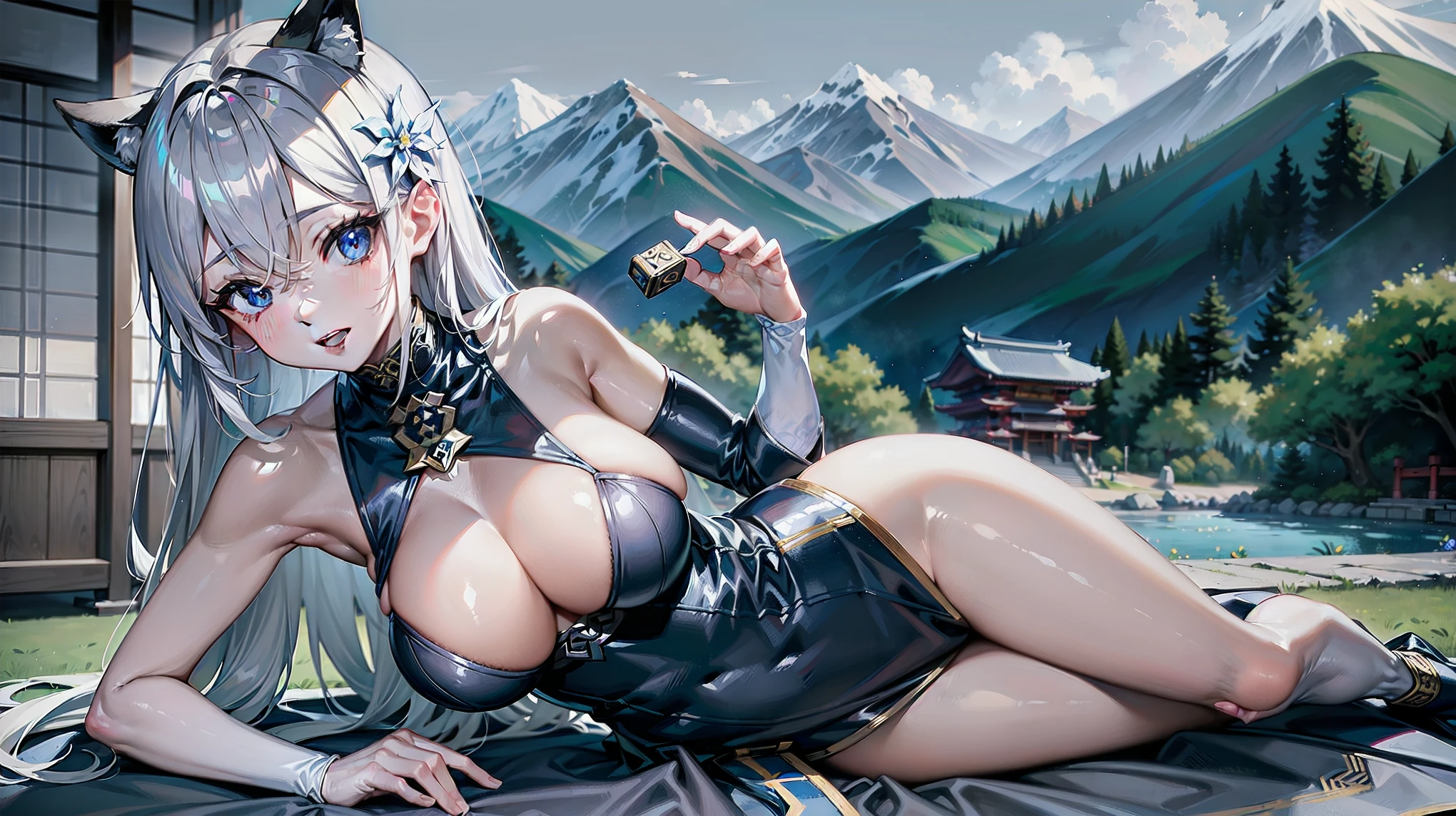  (masterpiece), best quality, expressive eyes, perfect face, luxury japanese style mountain temple background, tight blue luxury dress with white details, cleavage, large breasts, animal ears, black panther ears, sensual, late evening, full body, relaxing, flowers, open air tea ceremony