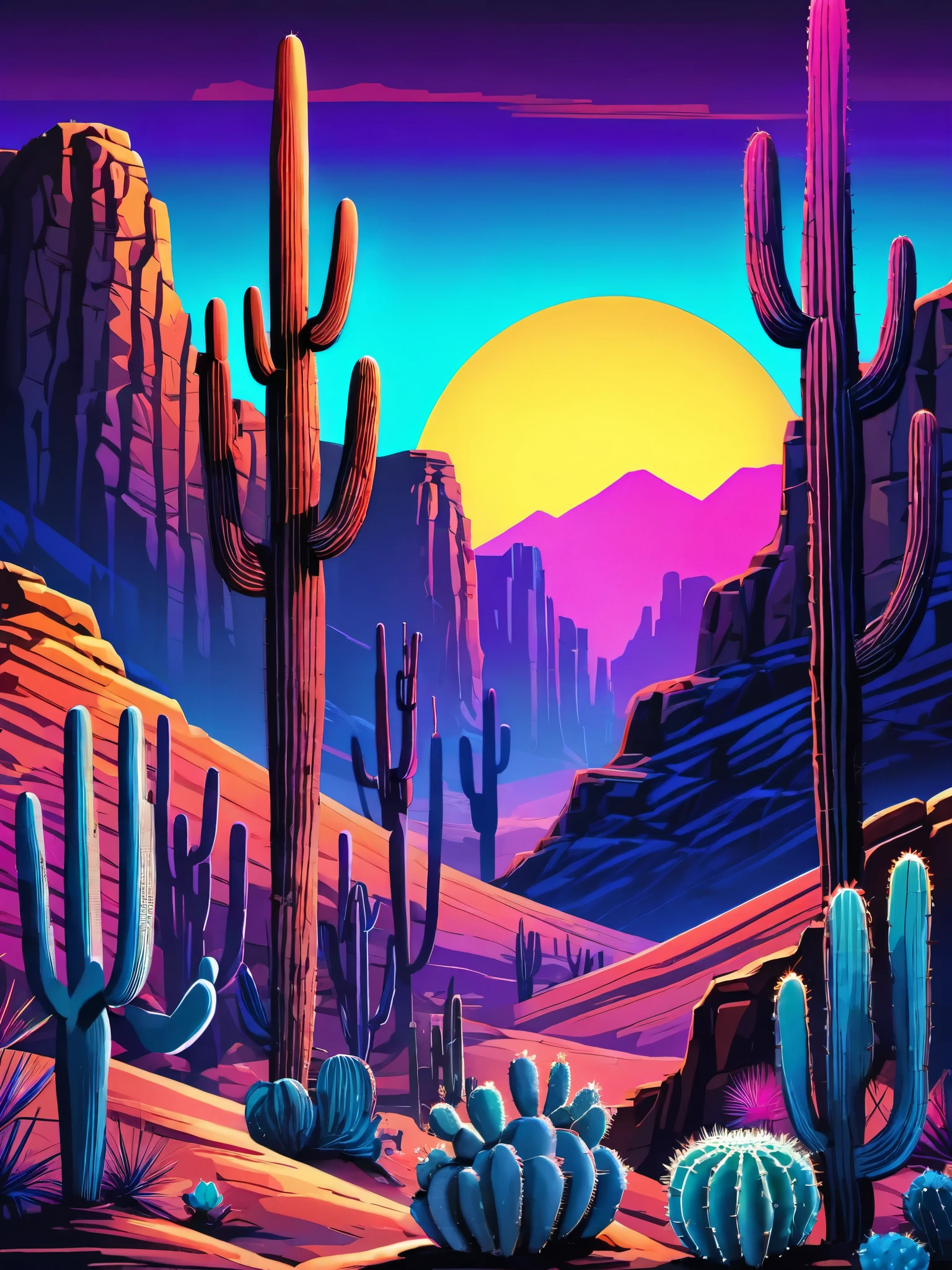 desert canyon,cactus and sun,Vectorization,Synthwave,Purple Blue Red Orange,Bright neon colors on dark background,best quality,4k,8K,high resolution,masterpiece:1.2,Super detailed,actual:1.37