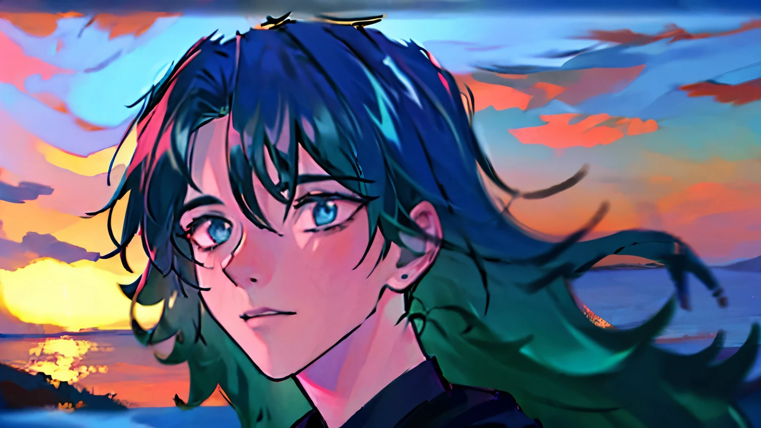 (best quality,4k,8k,highres,masterpiece:1.2),ultra-detailed,(realistic,photorealistic,photo-realistic:1.37),1boy,short green hair,blue eyes,sadistic look,black hoodie,blood sea,dark blue sea with pink clouds,milky way,glow art,illustration,detailed waves,dramatic lighting,ethereal atmosphere,vivid colors, dark armosphere