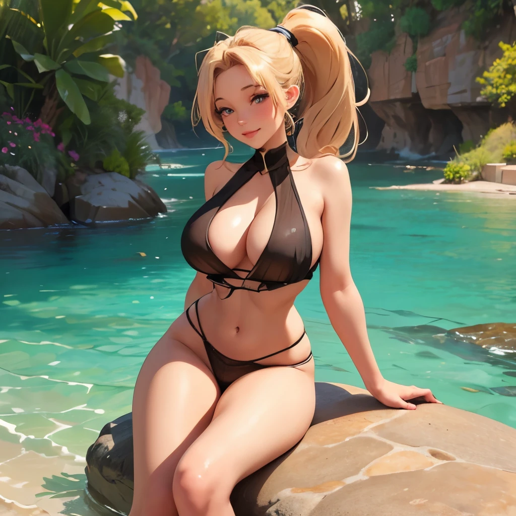 full body. pony tail. huge breasts. flirty. sheer. posing. smiling. lips parted. head tilted. hidden lagoon.