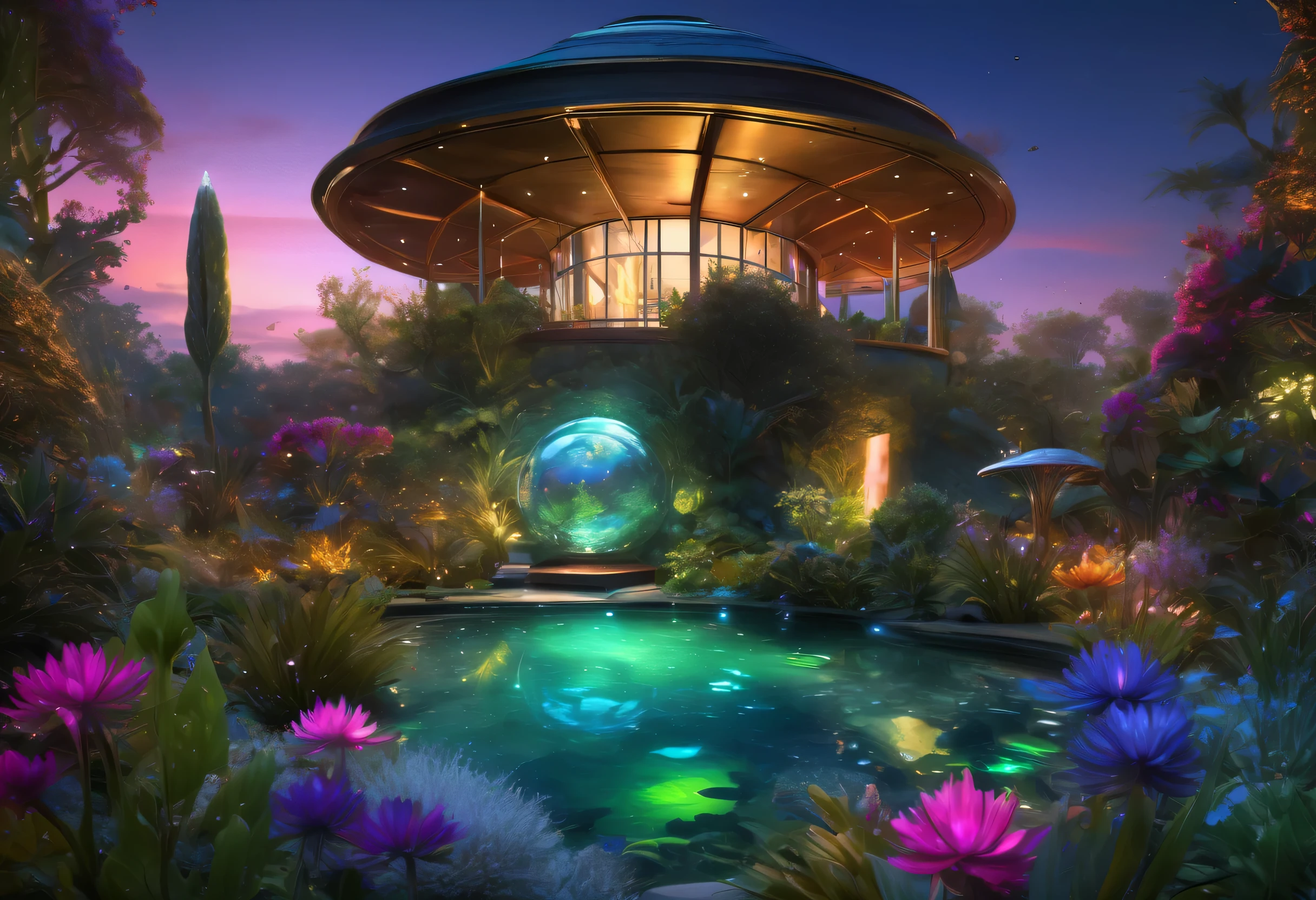 (best quality, peace master: 1.3), (super detailed, Super realistic colors: 1.5), A cosmic garden filled with exotic flora and alien fauna. night，生物發Light照亮的景觀, perfect composition, 最佳曝Light, (golden ratio: 1.2), 8k, high dynamic range, dramatic, Light, Popular topics on Artstation, Trends in CG society, Professional oil paints, huge details, Paint like a professional painter