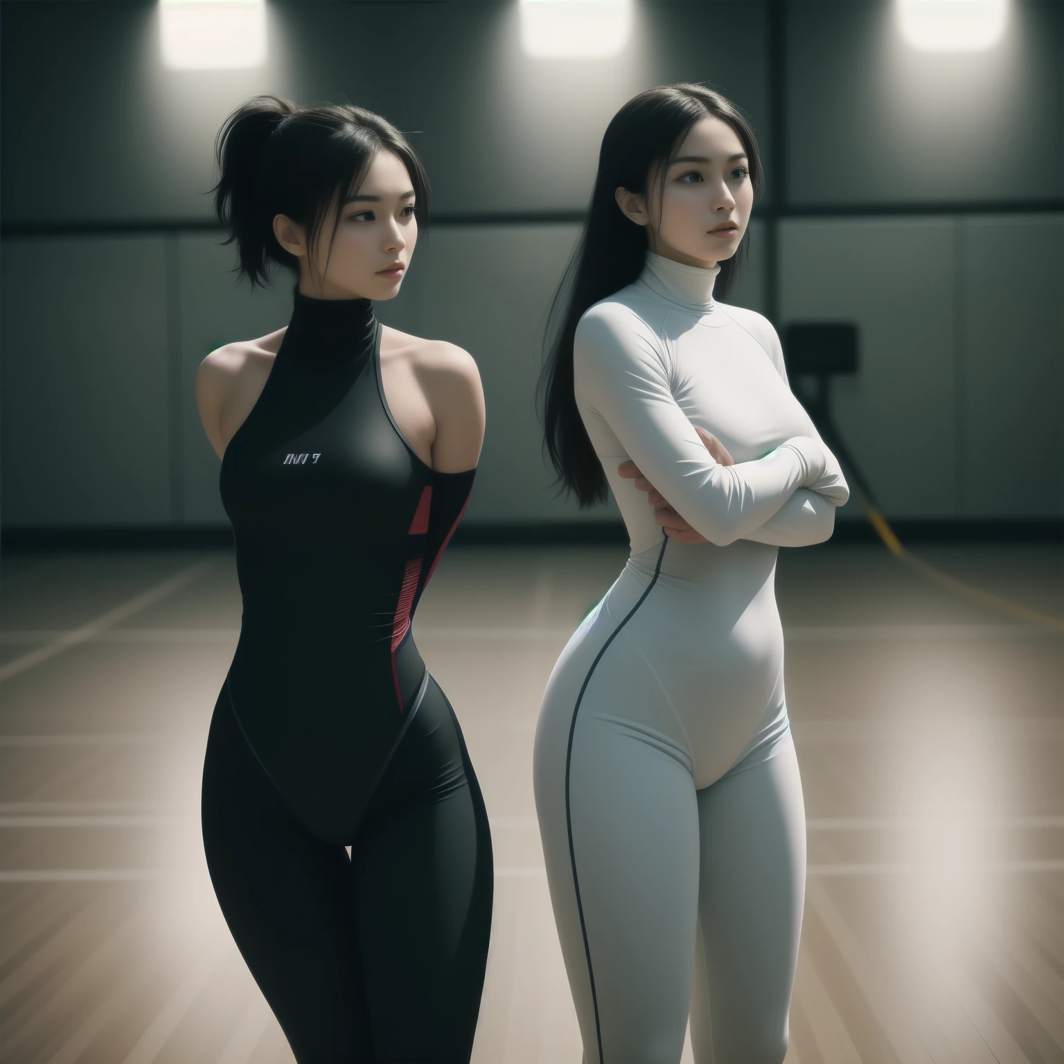 (Masterpiece, best quality), Two dynamic women in their prime, 25-year-old and 28-year-old, engage in an intense fencing competition. They wear fitted athletic attire and fencing mask, showcasing their toned figures and agility.
