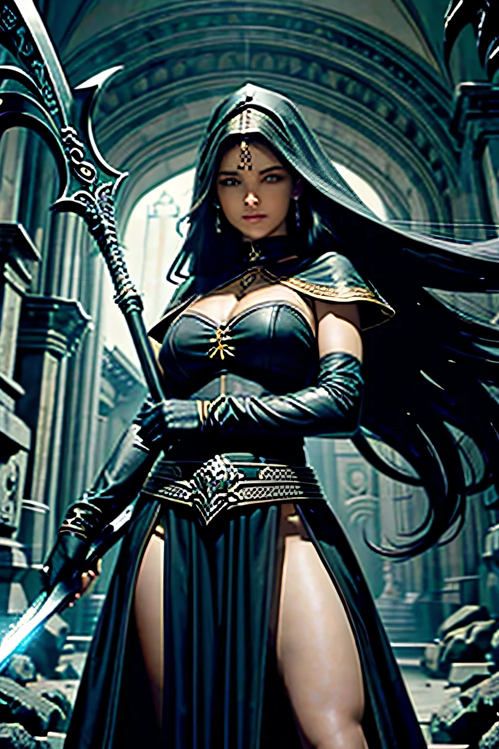 (ultra detalhado), (obra de arte), (melhor qualidade), (papel de parede de unidade CG muito detalhado 8k), Mulher necromante com cabelos pretos, pele clara, olhos castanhos, roupas cinza medieval, holding a large double-bladed scythe, energia profana saindo do outro lado.