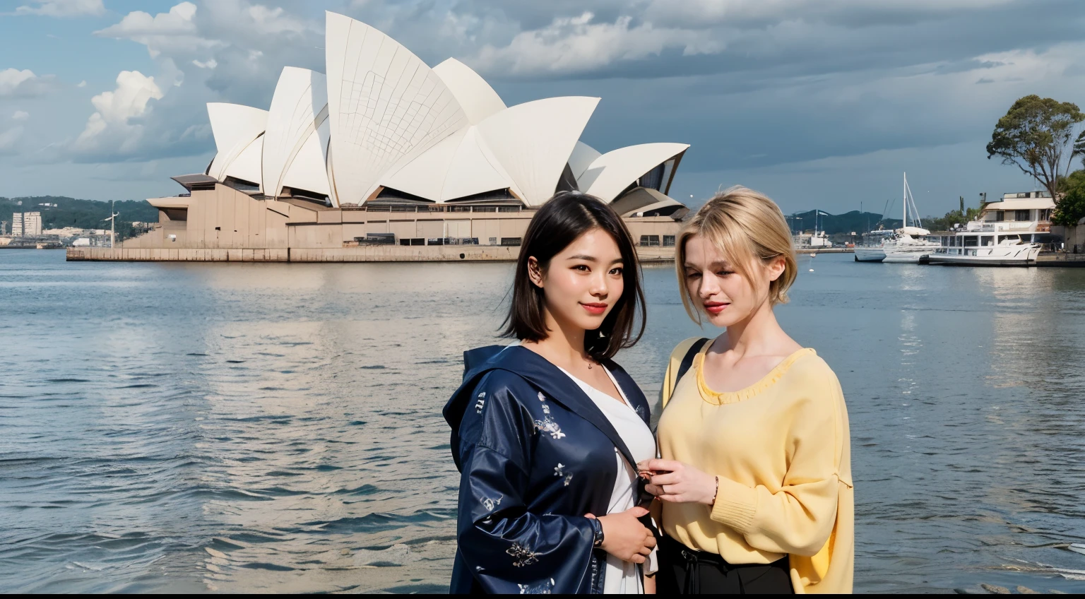 (Best quality, 8k, 32k, Masterpiece, UHD:1.2) "Generate a captivating artwork featuring two friends, a Japanese girl model with short black hair, chic bob hairstyle, and a tall Canadian Caucasian girl with dirty golden blonde hair, embodying a romantic aesthetic at the iconic Sydney Opera House. Infuse the scene with dynamic-cinematic lighting to create a visually striking atmosphere against the architectural marvel. Emphasize the cultural fusion and unique friendship between the two, capturing their joyful connection amidst the backdrop of the Opera House. Utilize warm and soft tones to enhance the romantic vibe, and ensure that the lighting adds depth and drama to the composition. Celebrate the diversity and beauty of their friendship against the iconic Australian landmark, creating a visually stunning and emotionally resonant piece of art."" (perfect eyes), flawless skin, flawless face, cinematic, tight body, ((well-proportion female hands)), ((female hands with five digits)) ((Body is well proportioned)), ((chic bob haircut)), soft focus