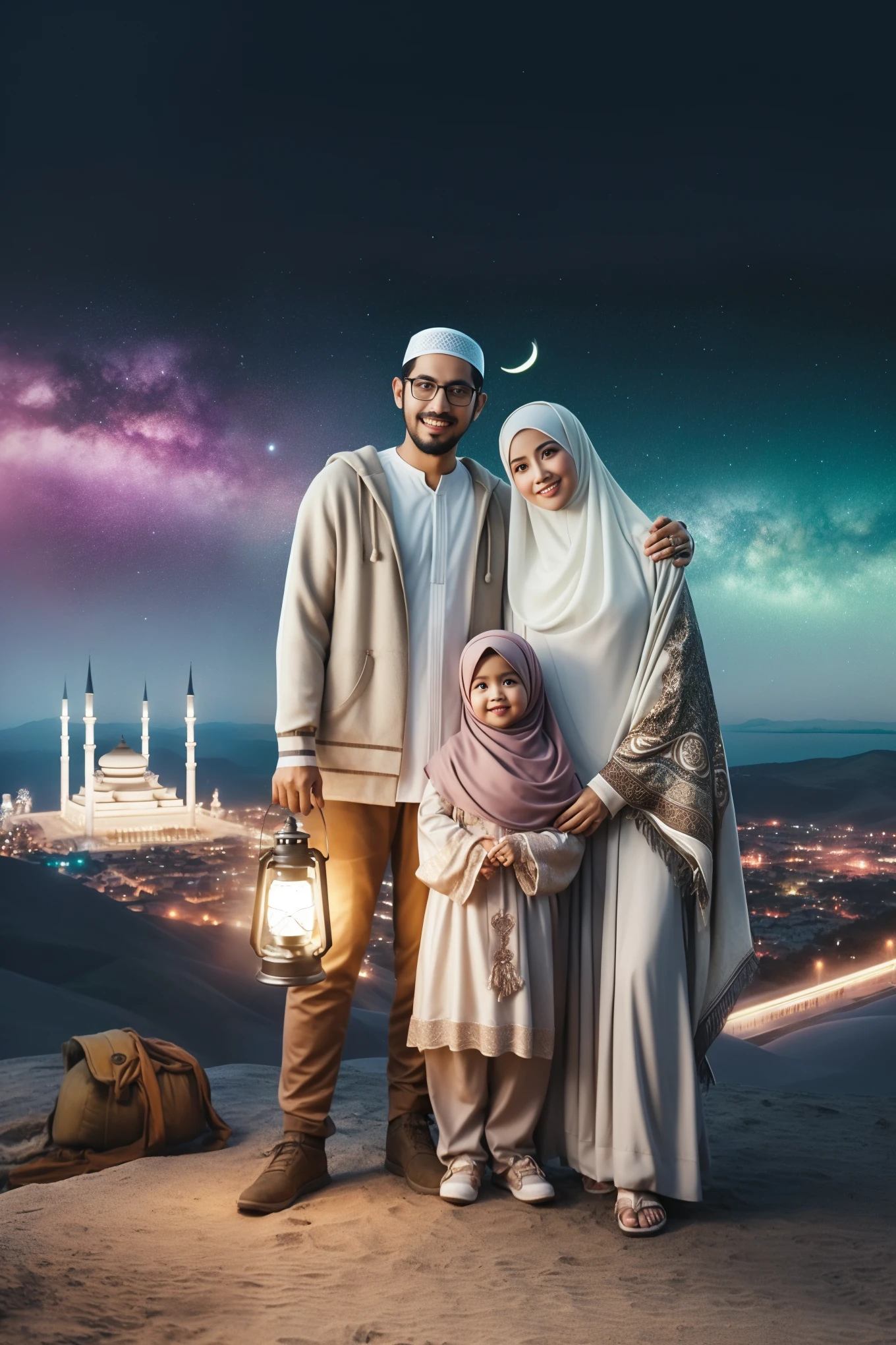 muslim family standing on a hill with a lantern in hand, happy family, high quality portrait, an indonesian family portrait, profile picture 1024px, family portrait, a colorized photo, Hagia Sophia night, Hagia Sophia nights, ☁🌪🌙👩🏾, high quality image, husband wife and son, saturated colorized, fujifilm”, colorized, modest, portrait shot