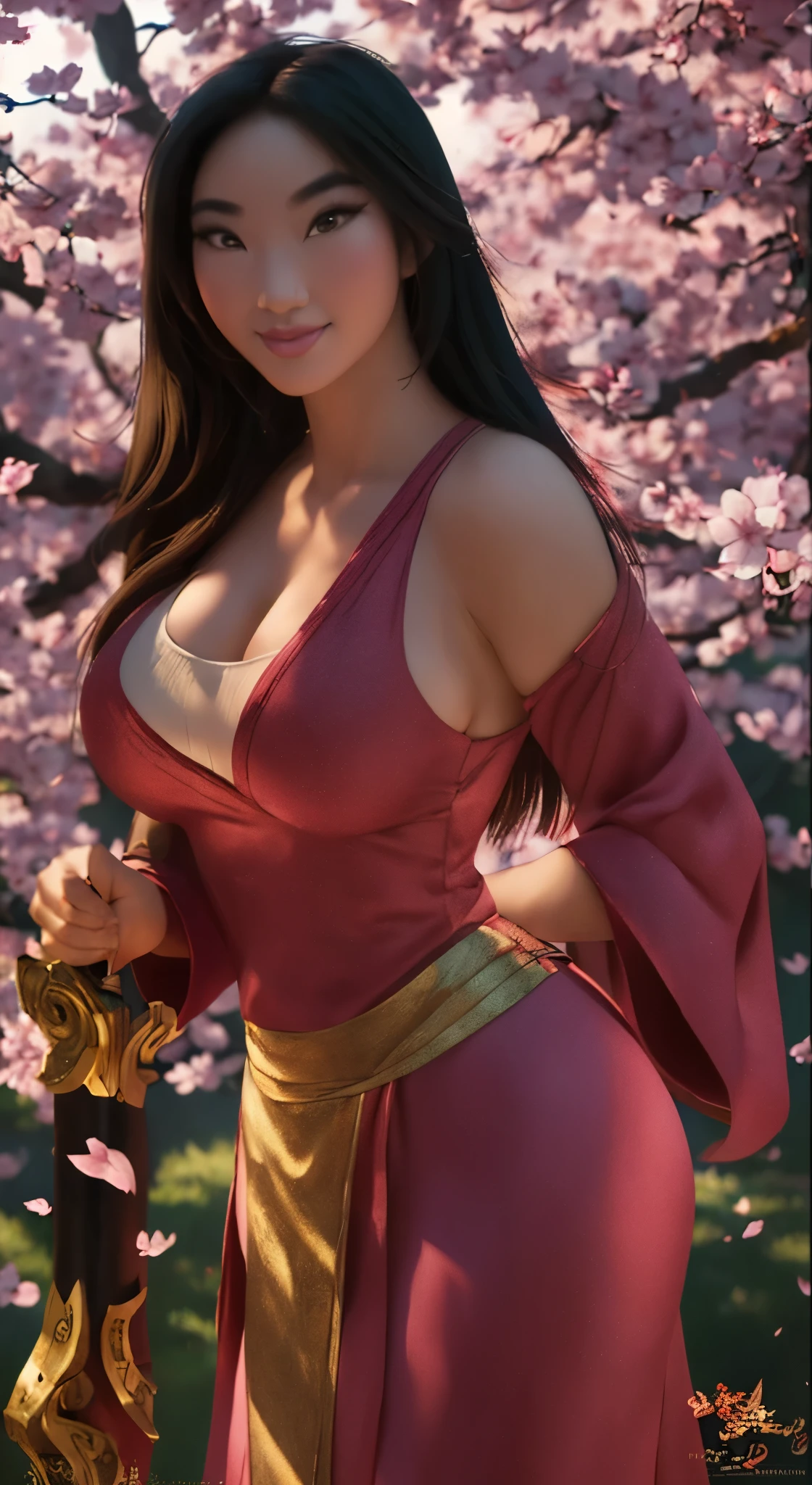 a girl with flowing hair, strong and confident, in a traditional Chinese warrior outfit, holding a sword (best quality, highres), with determined eyes and a charismatic smile (beautiful detailed eyes, beautiful detailed lips). Her face is realistic and photorealistic, capturing the essence of Mulan's spirit (ultra-detailed, realistic, photorealistic:1.37). The artwork is a mixture of illustration and 3D rendering (medium: illustration, 3D rendering). The scene is set in a beautiful cherry blossom garden, with petals falling gently from the trees, creating a dreamy atmosphere (cherry blossom garden, falling petals). The colors are vibrant and vivid, with a warm color palette that enhances the heroic feel of the image (vivid colors, warm palette). The lighting is soft and natural, with the sunlight casting a golden glow on Mulan's face and surroundings (natural lighting, golden glow). The overall image exudes strength, beauty, and femininity, celebrating both the character of Mulan and the Chinese culture she represents. Busty. low-cut. Big 