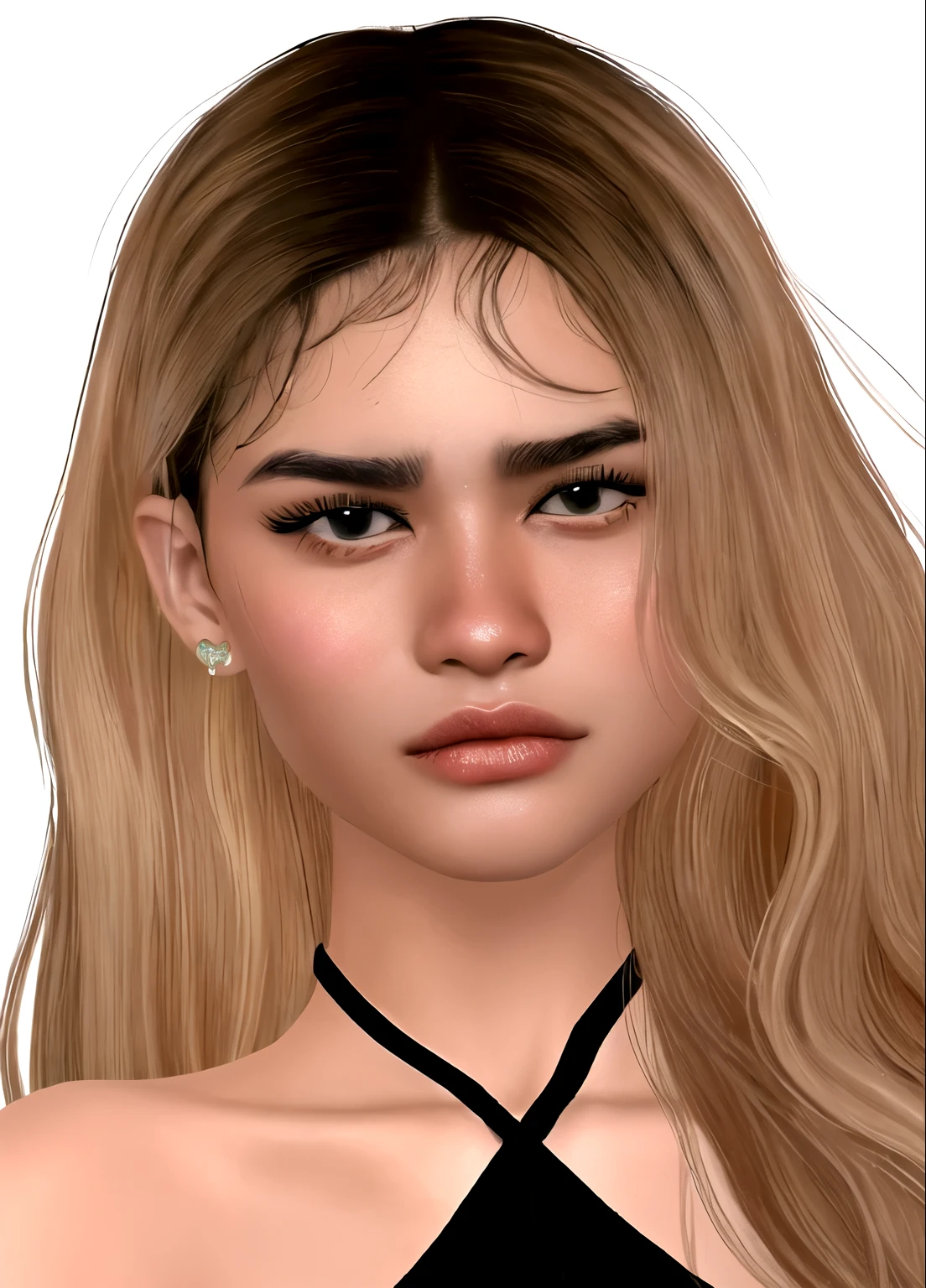 um close de uma mulher com longos cabelos loiros vestindo uma blusa preta, detalhado realistic Face, realistic detalhado Face, altamente detalhado realistic Face, real detalhado Face, realistic and detalhado Face, detalhado and realistic Face, inspirado em Sim Sa-jeong, adolescente hiperrealista, with very altamente detalhado Face, avatar da segunda vida, altamente_detalhado_Face!!!