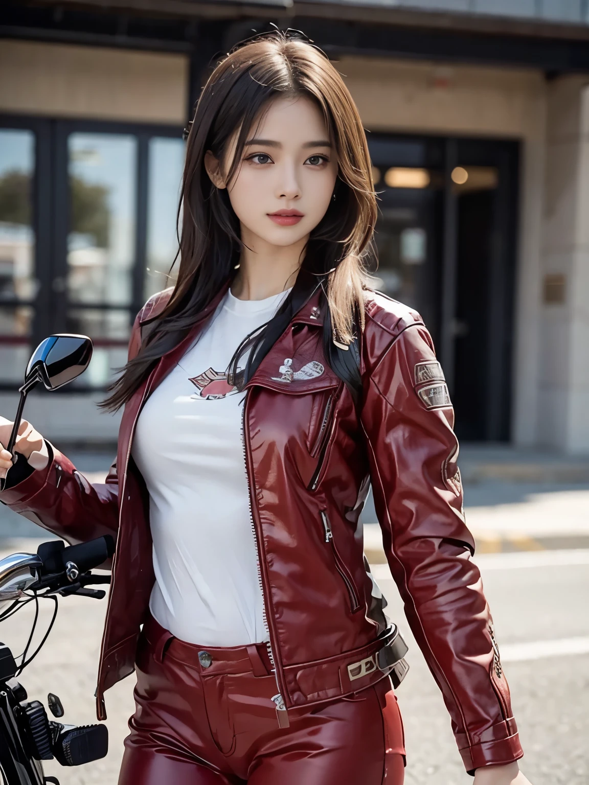 (realistic:1.5), 8k, Super delicate beauty, 1 girl, intricate body details, (short: 1.3), (highest quality: 1.0), (Super high sharpness: 1.0),(Beautiful and delicate depiction of eyes),((((ride a motorcycle)))),unreal engine:1.4, photorealistic:1.4, skin texture:1.4, masterpiece:1.8,highest quality、smile、long limbs、((red jacket and long pants))
